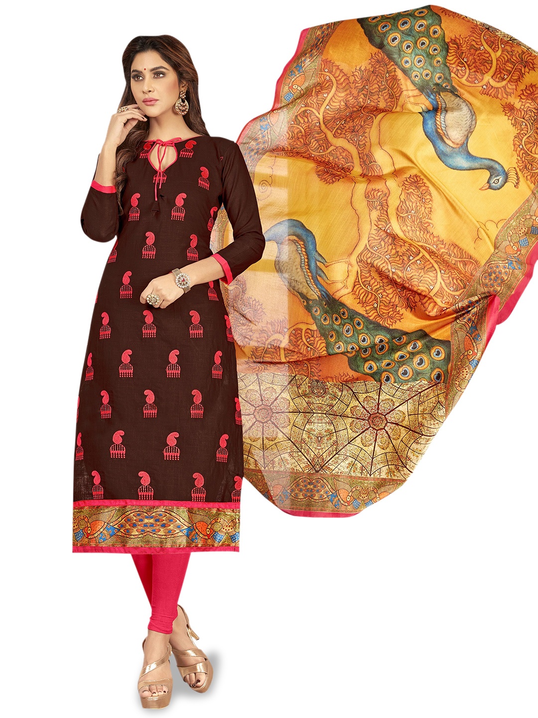 

Maroosh Embroidered Thread Work Unstitched Dress Material, Brown