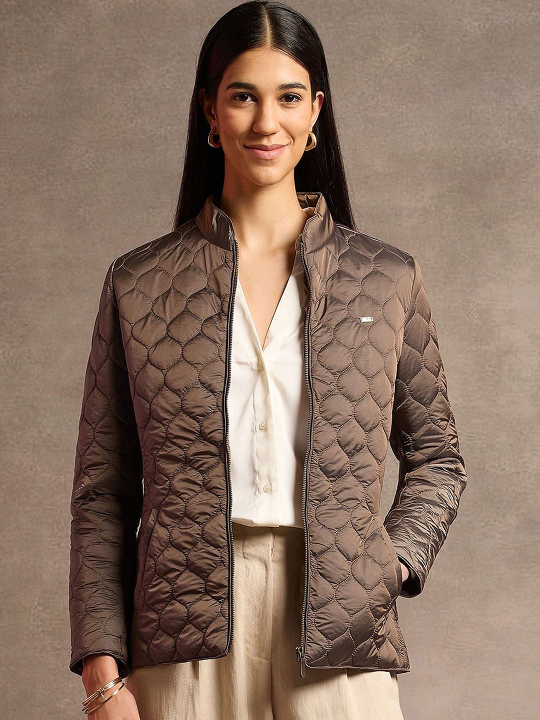

U.S. Polo Assn. Women Stand Collar Solid Casual Quilted Jacket, Brown