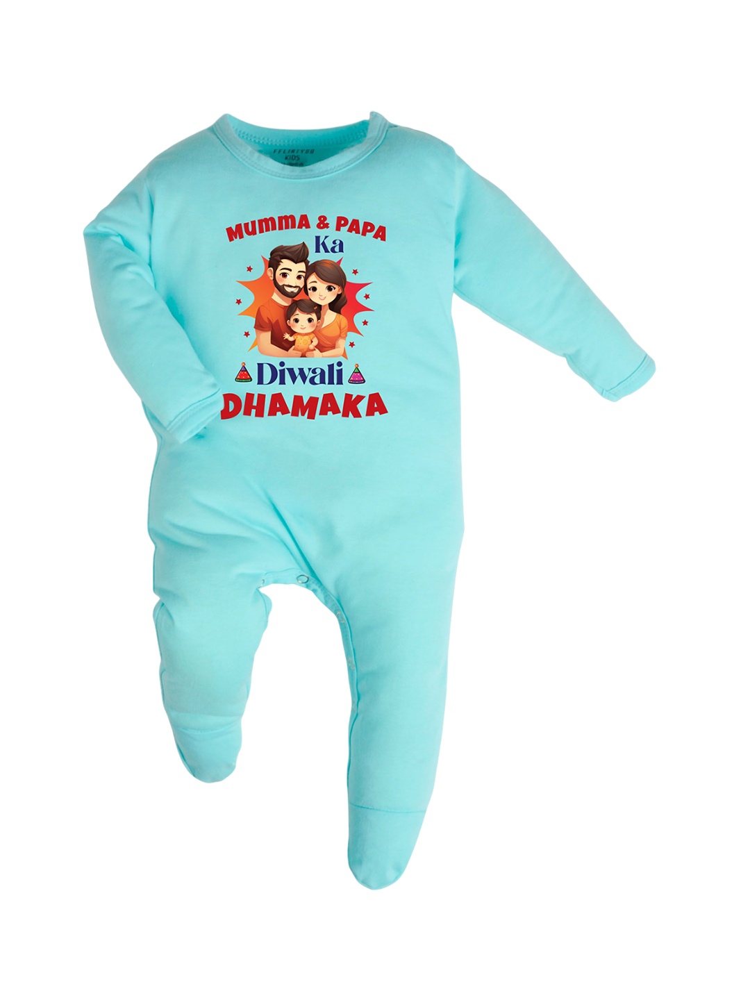 

FFLIRTYGO Infants Diwali Romper Printed Pure Cotton Baby Wear Sleepsuit, Turquoise blue