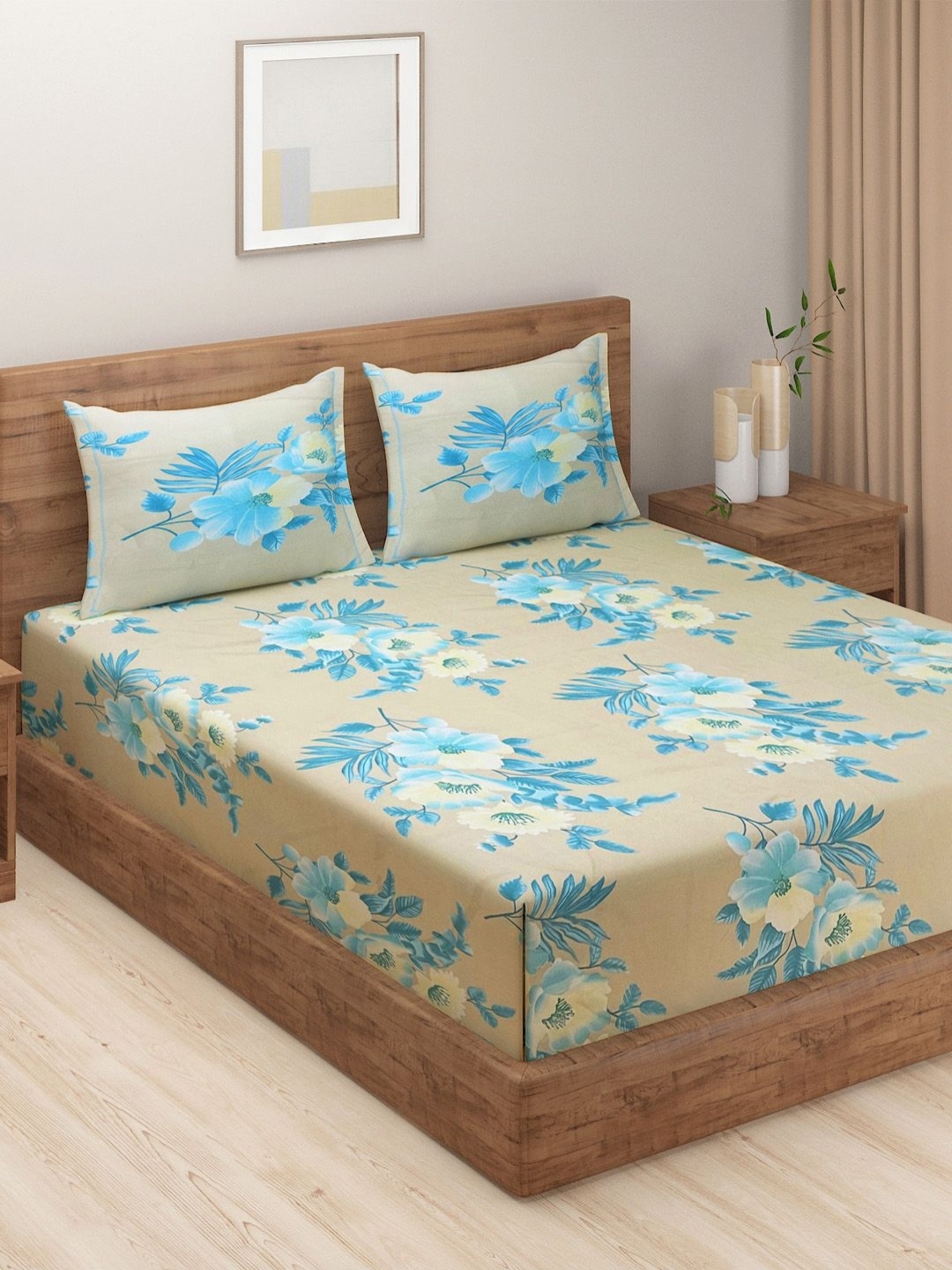 

SWAYAM Blue & Cream-Coloured Floral Printed 160 TC King Bedsheet Set 2.28 m x 2.54 m