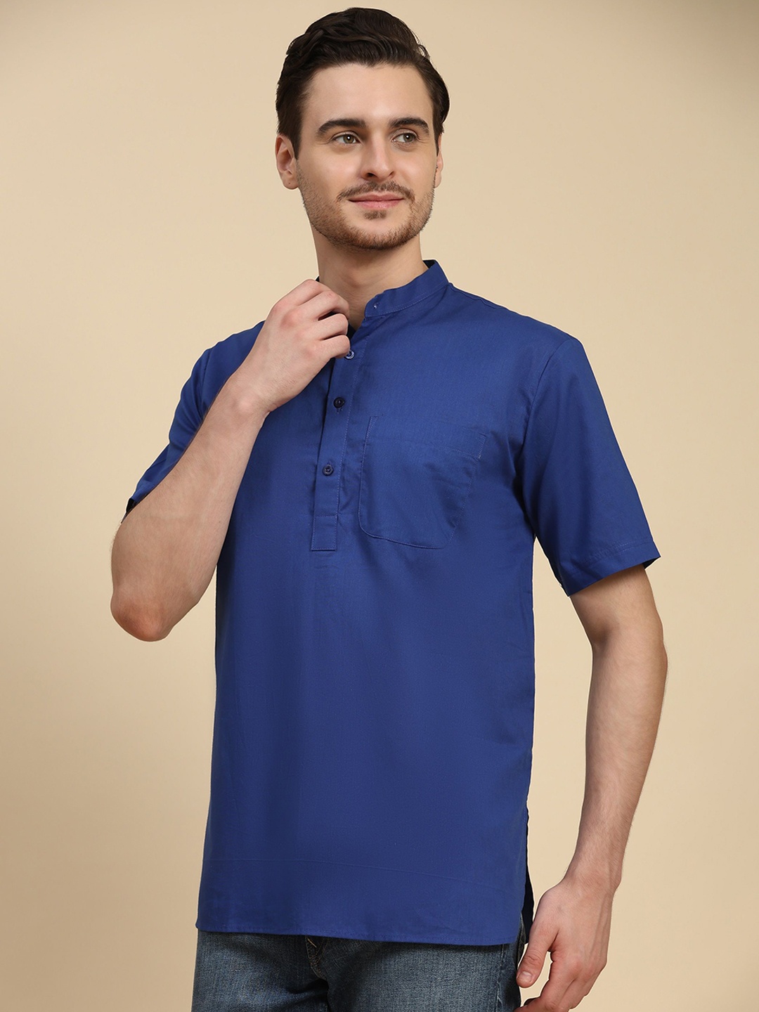 

SKAVIJ Mandarin Collar Cotton Short Straight Kurta, Navy blue