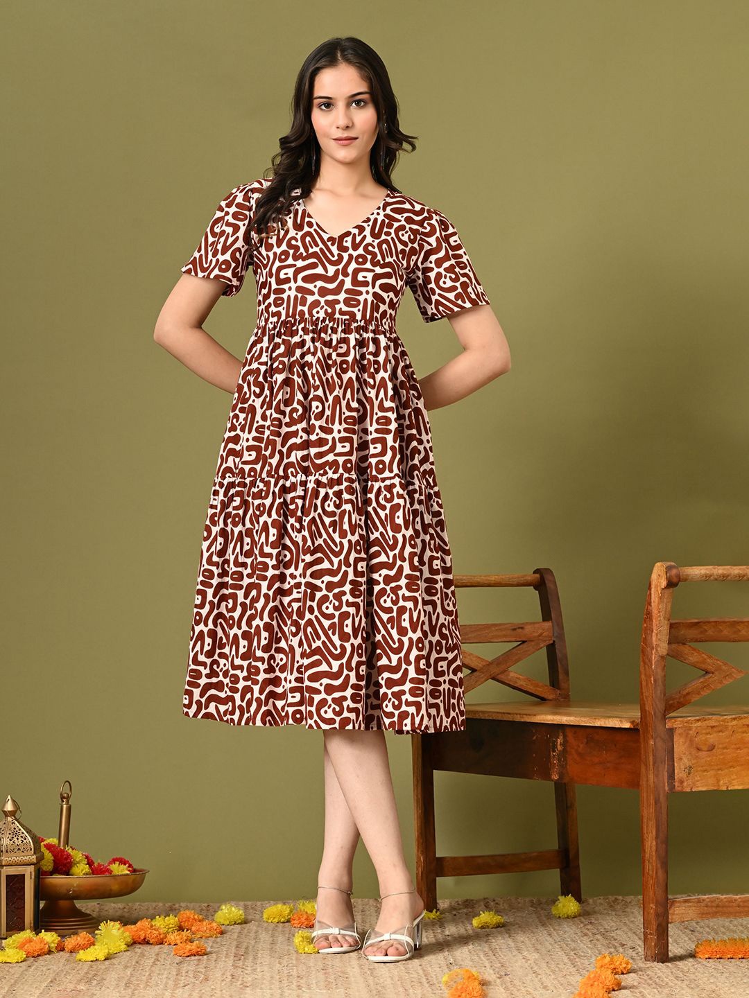 

DECKEDUP Print A-Line Midi Dress, Brown