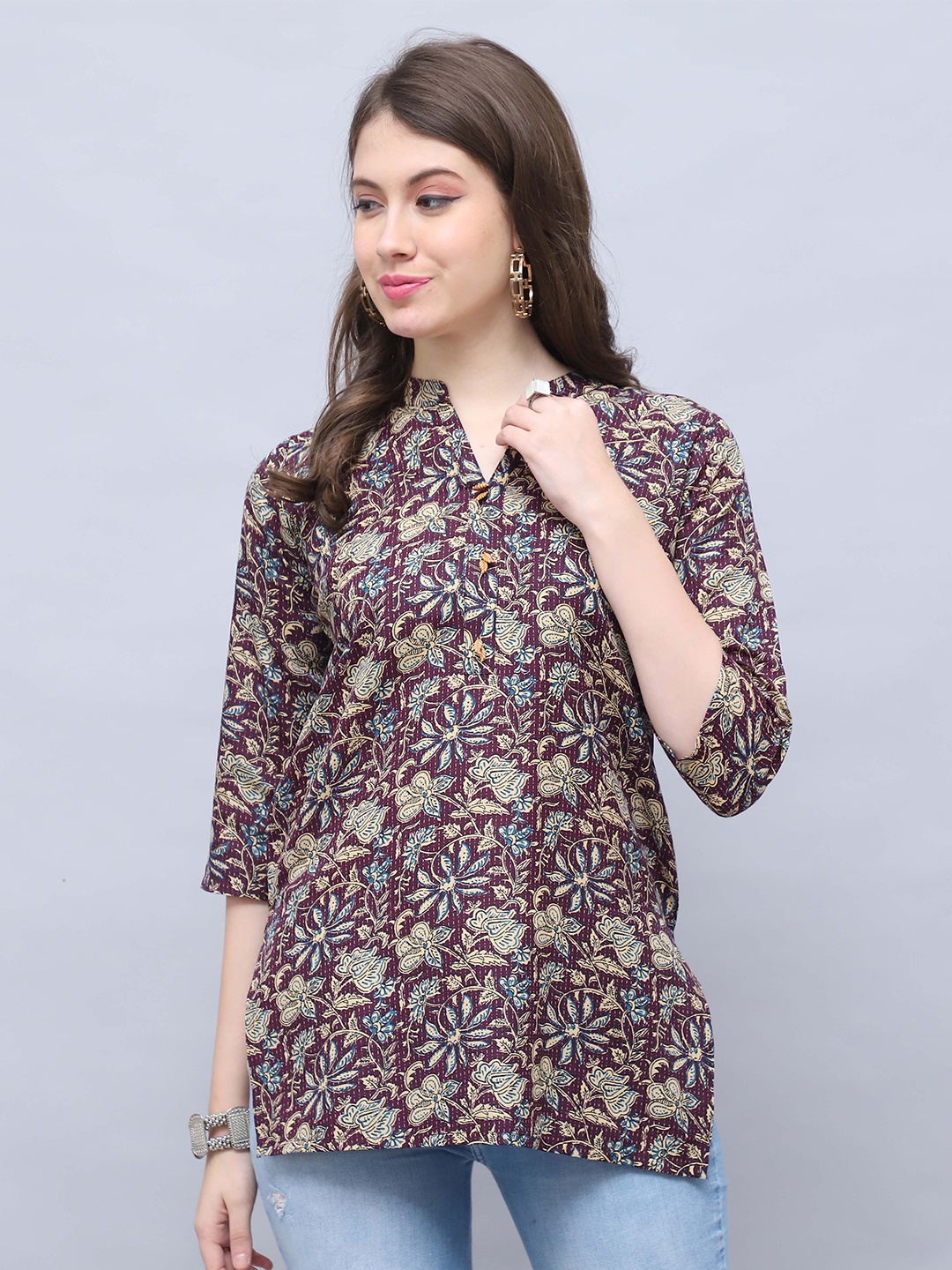 

Roly Poly Mandarin Collar Printed Ethnic Tunic, Maroon
