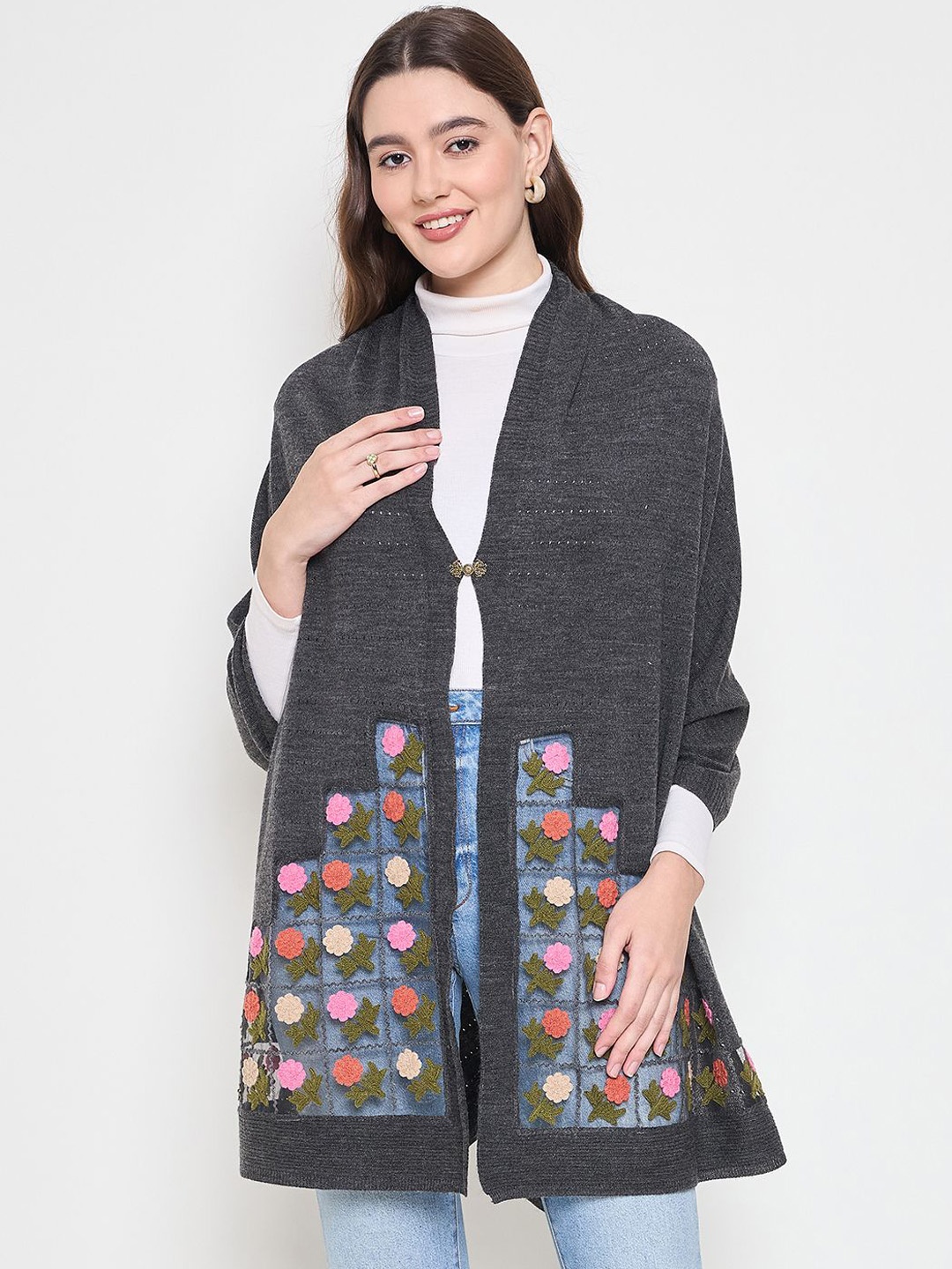 

Knitstudio Floral Embroidered V-Neck Poncho Sweaters, Grey