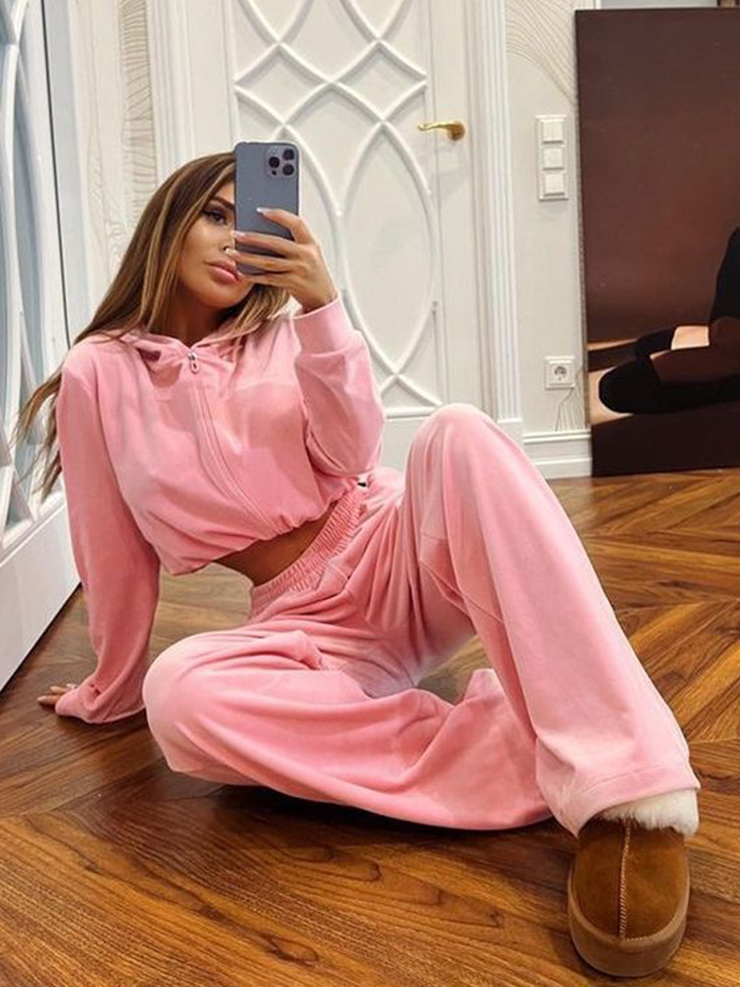 

LULU & SKY Long Sleeves Hooded Sweatshirt With Trousers Co-Ords, Pink