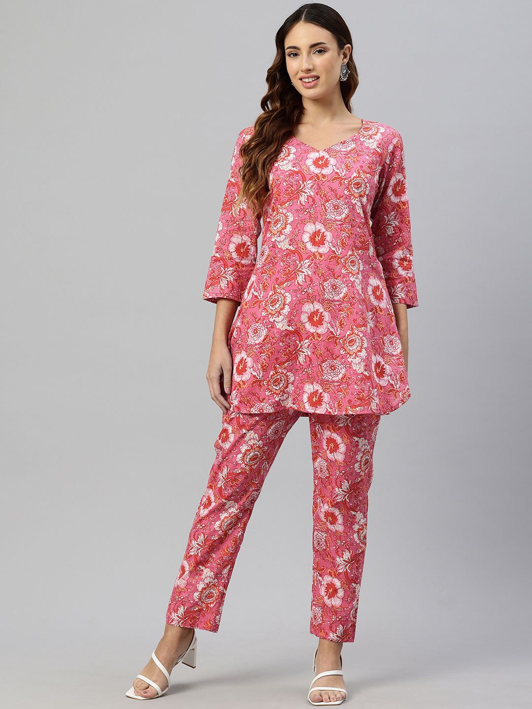 

KALINI Floral Printed V-Neck Three-Quarter Sleeves Pure Cotton Top & Trouser, Pink