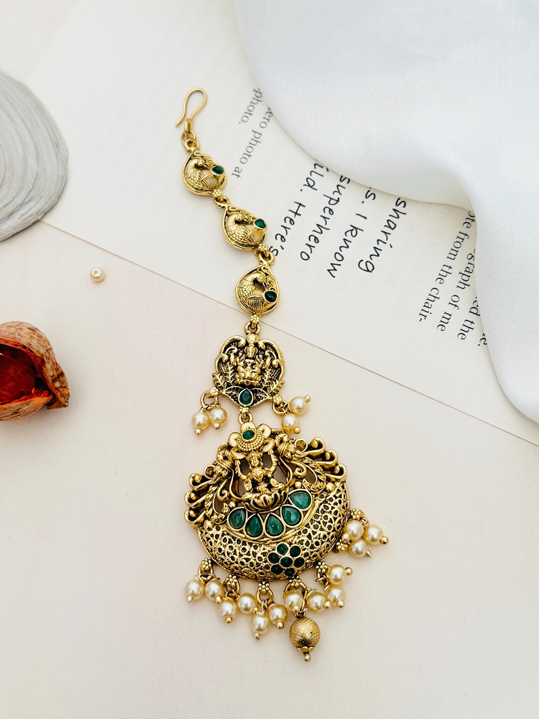 

ABDESIGNS Gold-Plated Stone Studded and Beaded Temple Maang Tikka