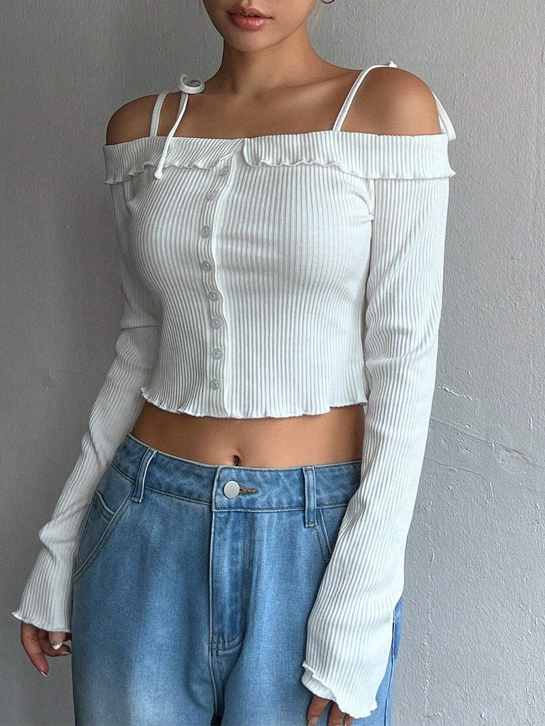 

HERE&NOW Women Cold-Shoulder Cotton Bardot Crop Top, White