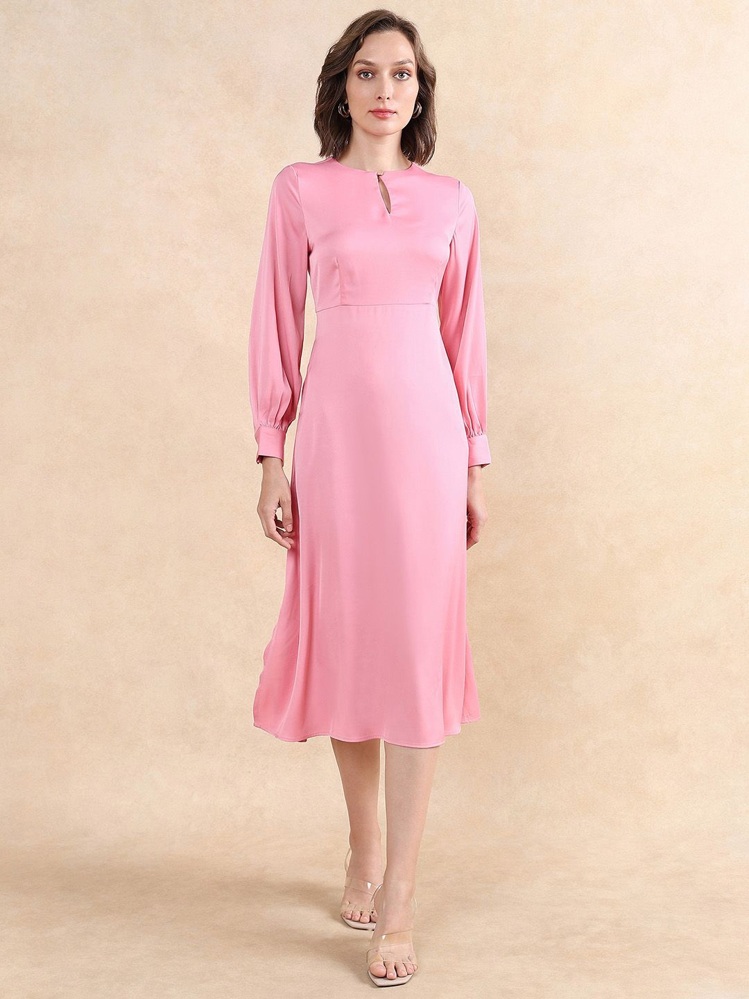 

RAREISM Women Cuffed Sleeves A-Line Midi Dress, Pink