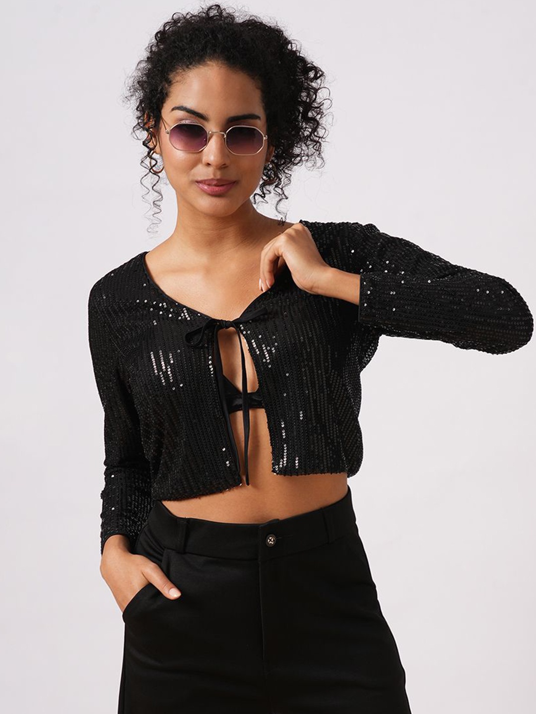 

Globus Party Embellished Tie-Up Crop Shrug, Black