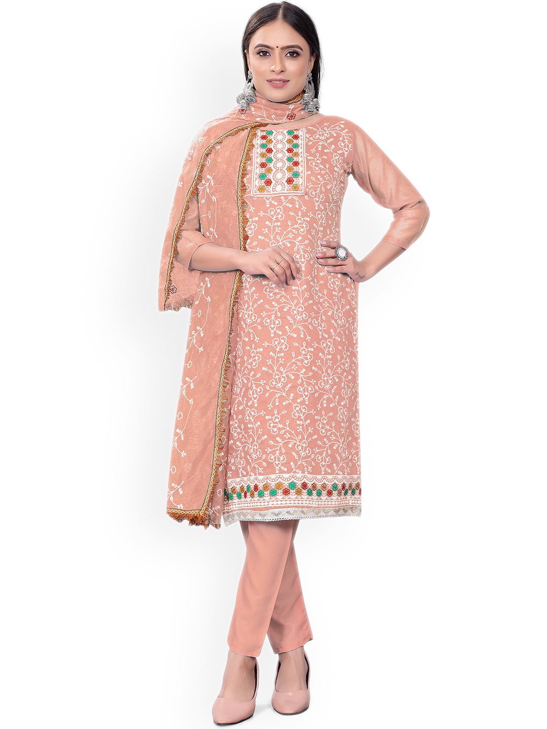 

Maroosh Embroidered Thread Work Unstitched Dress Material, Peach