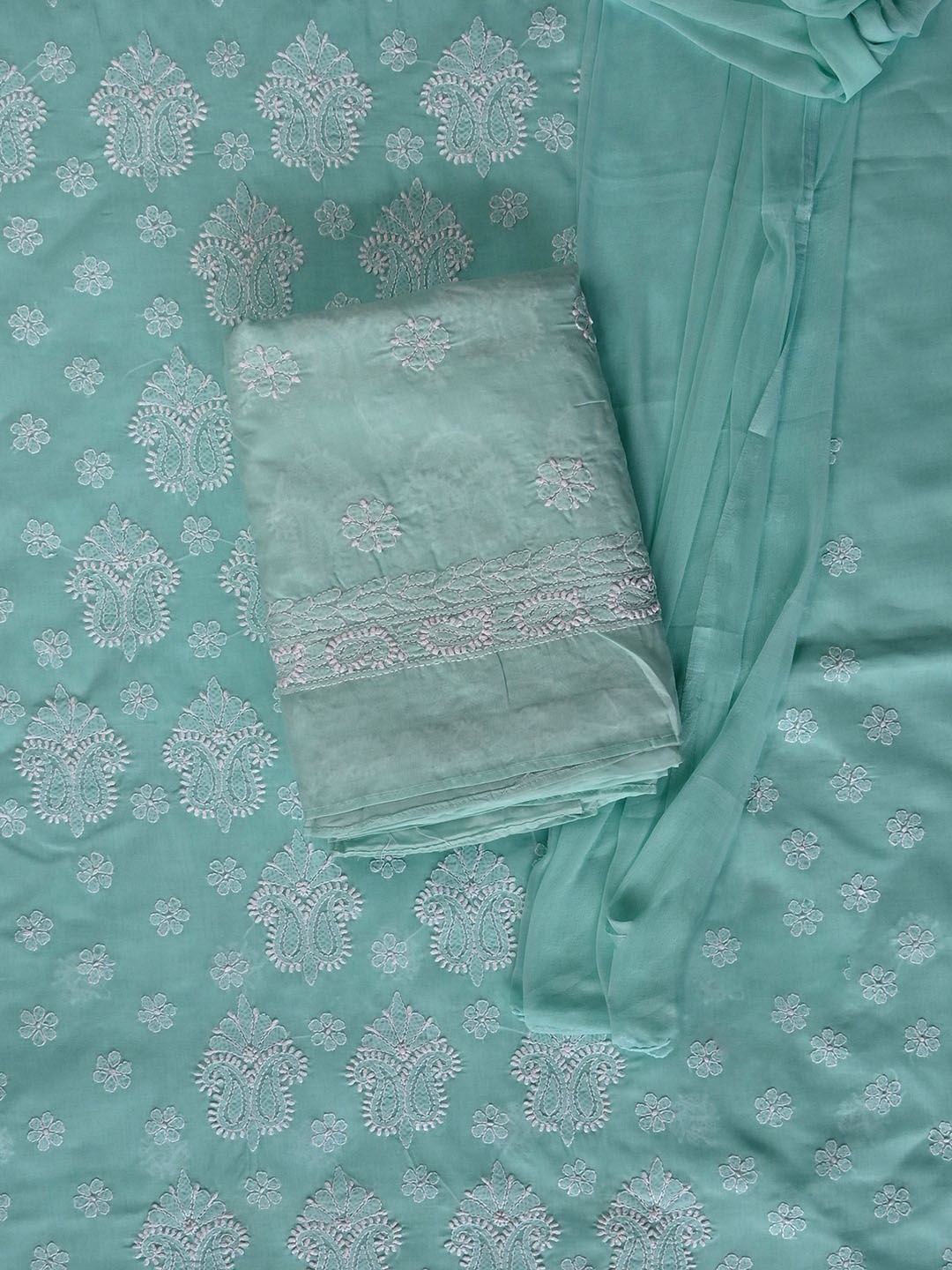 

Seva Chikan Ethnic Motifs Embroidered Lucknowi Chikankari Unstitched Dress Material, Sea green