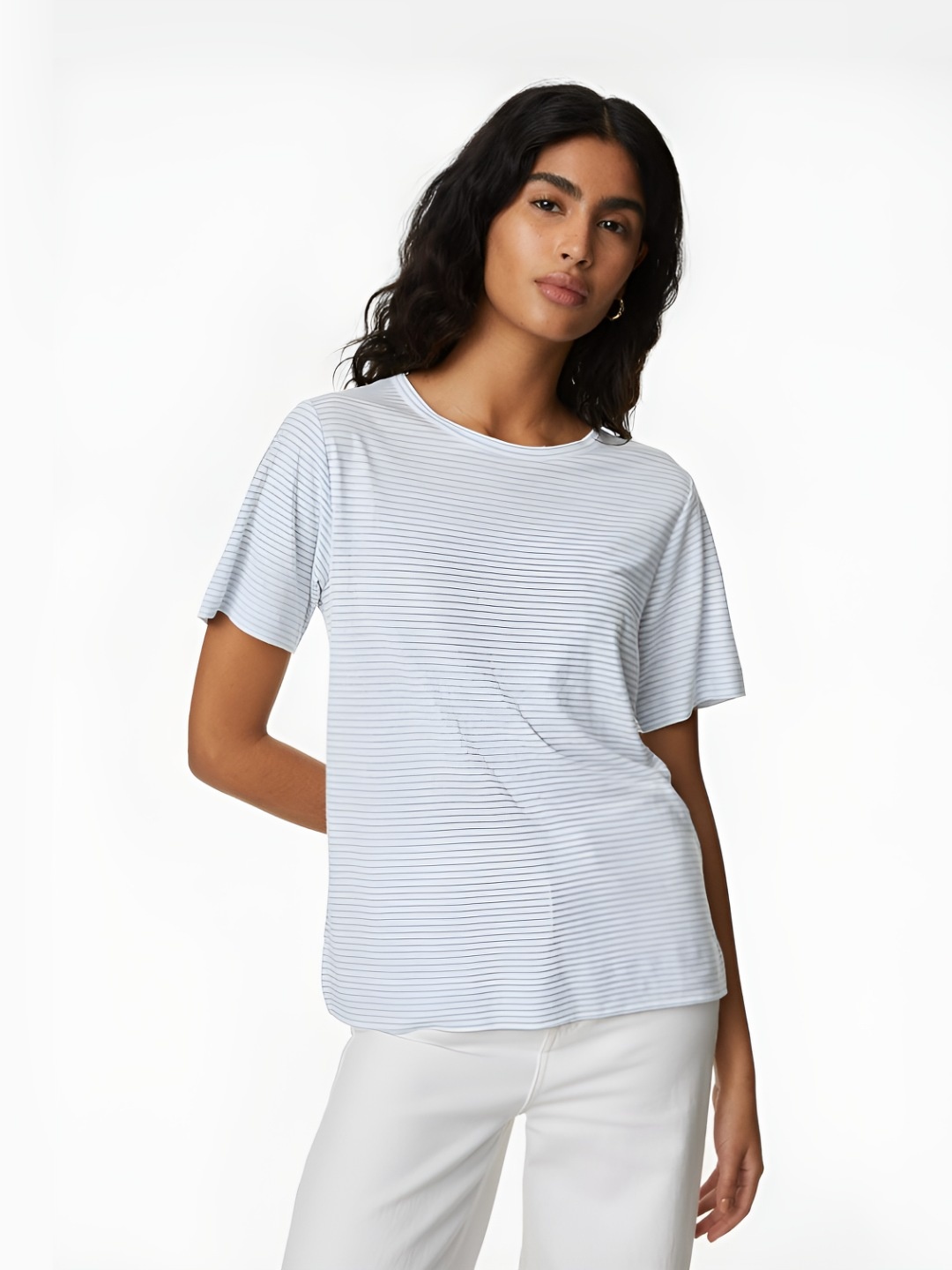 

Marks & Spencer Women Striped Printed Round Neck Linen Blend T-shirt, Blue