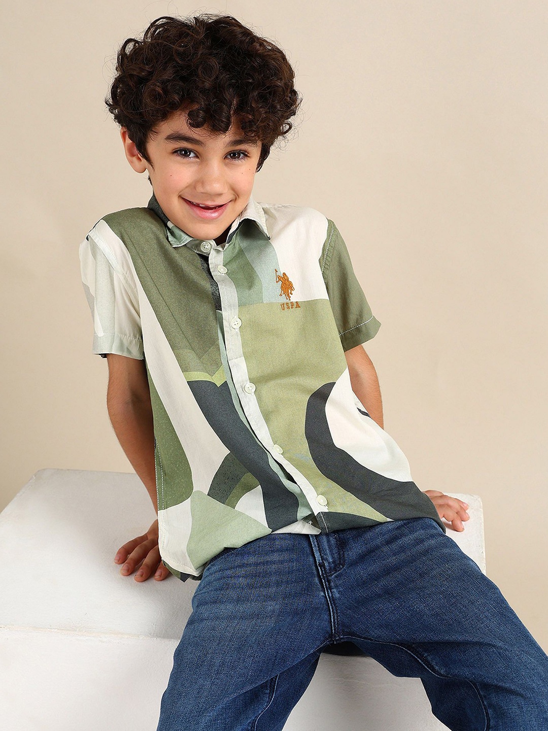 

U.S. Polo Assn. Kids Boys Classic Spread Collar Abstract Printed Cotton Casual Shirt, Olive