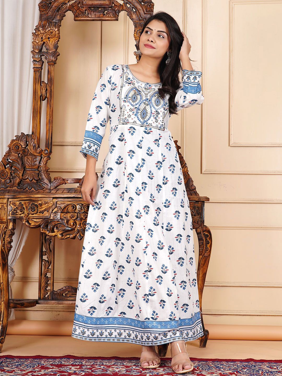 

Meena Bazaar Women Ethnic Motifs Printed A- Line Maxi Dress, Cream