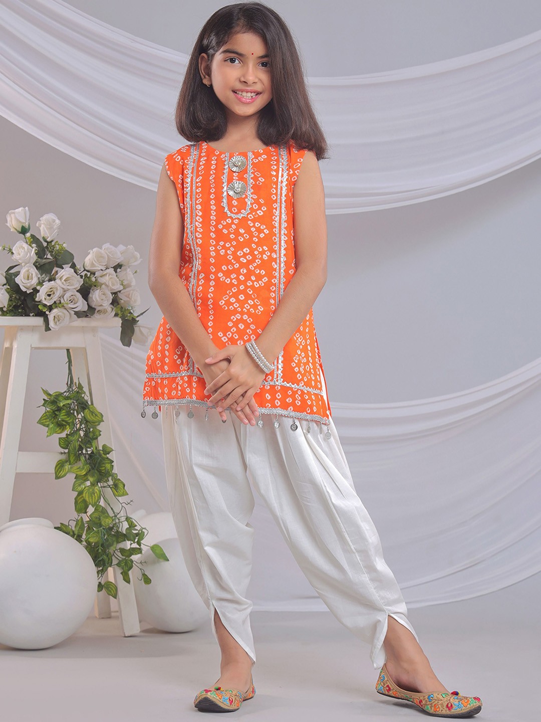 

BAESD Girls Bandhani Printed Round Neck Gotta Patti Pure Cotton Kurta With Dhoti Pant, Orange