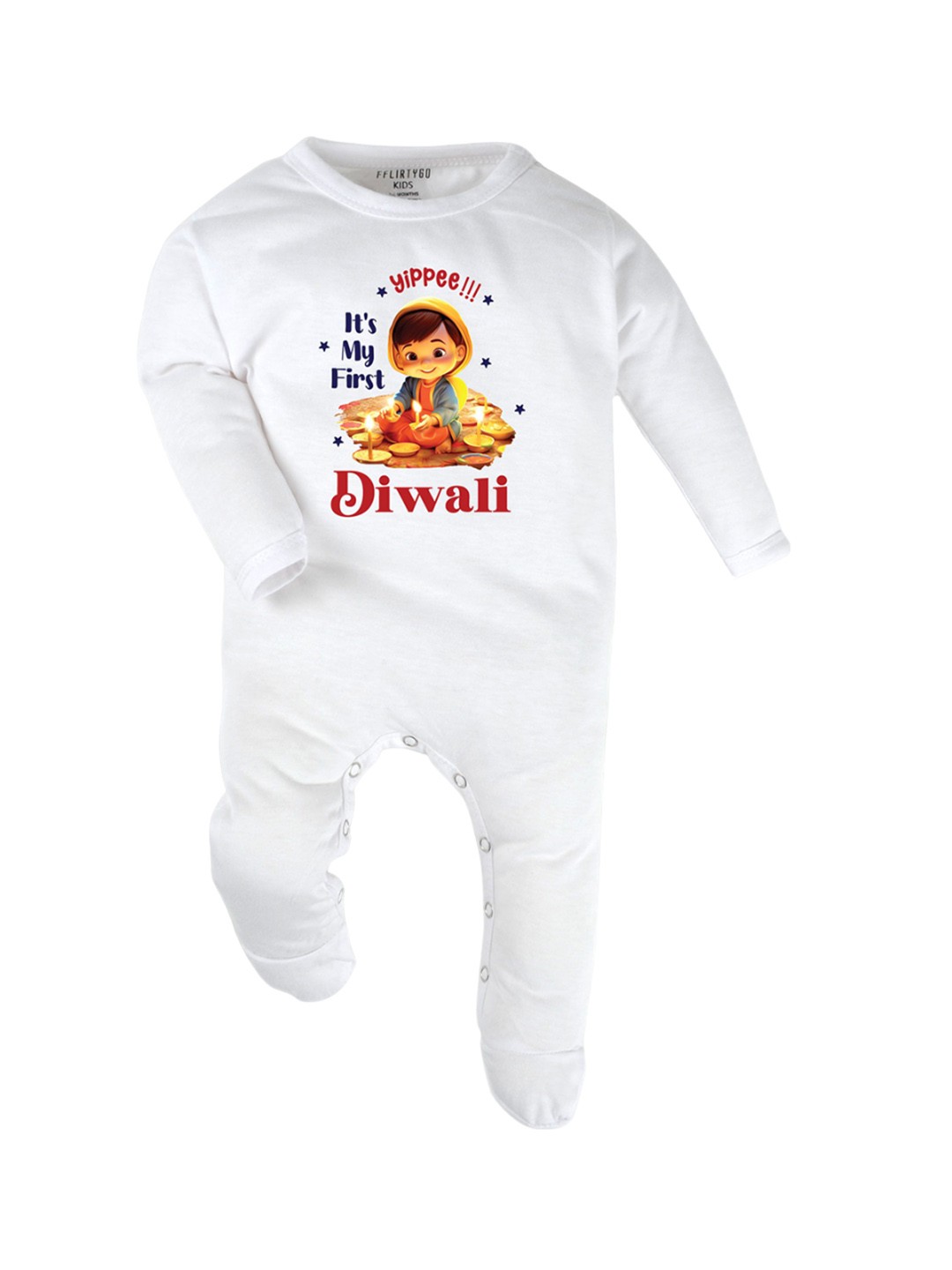 

FFLIRTYGO Kids - Unisex Infants Diwali Romper Baby Wear Printed Sleepsuit, White