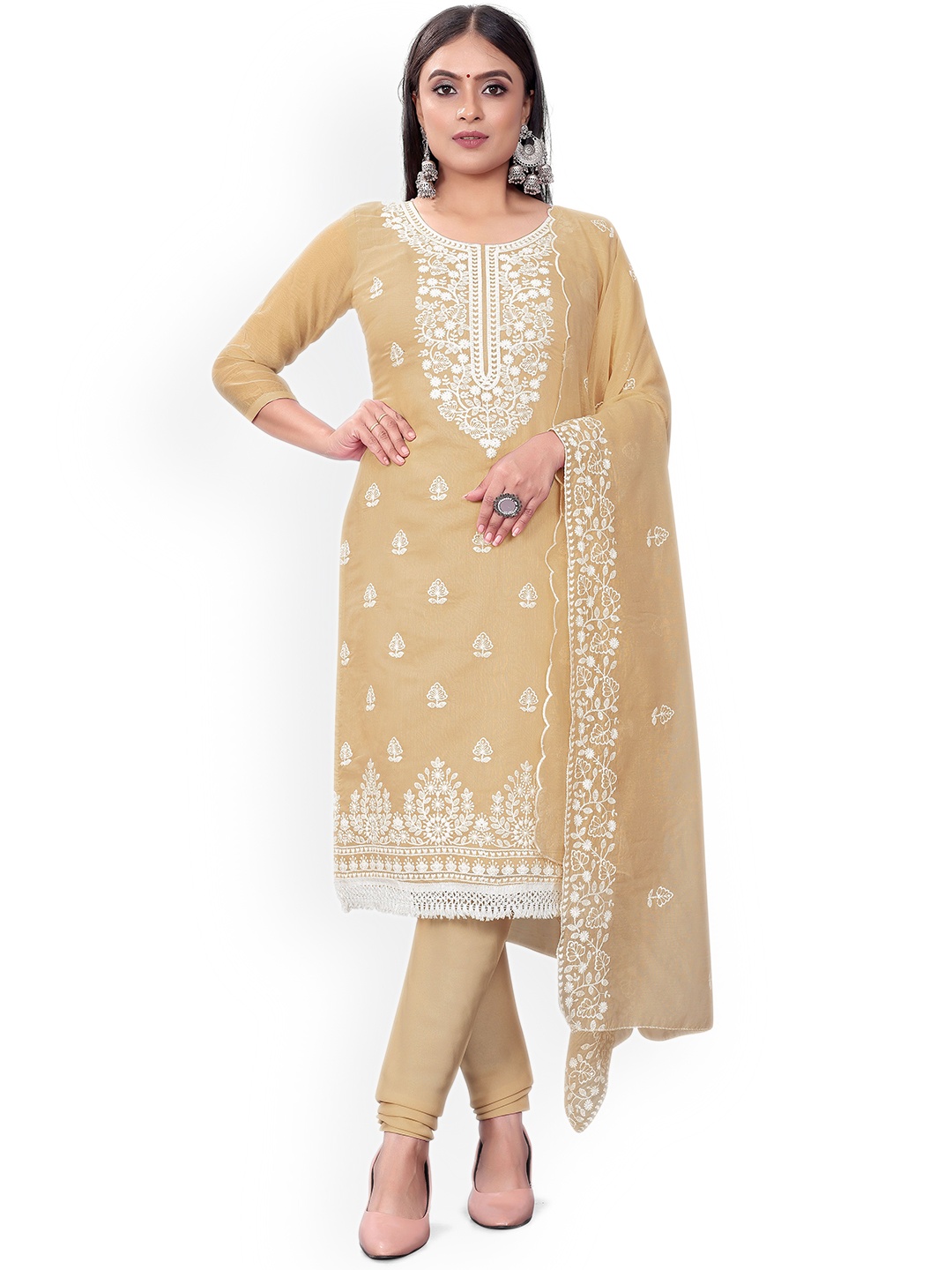 

Maroosh Embroidered Thread Work Unstitched Dress Material, Beige