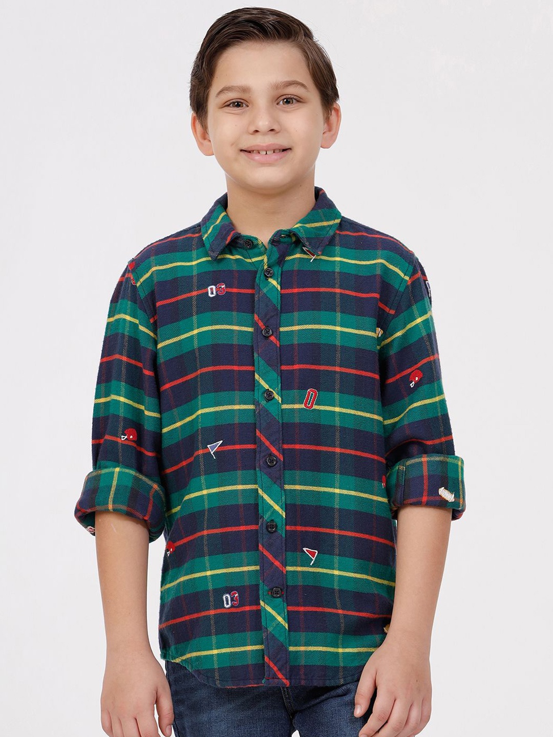 

KATE & OSCAR Boys Cutaway Collar Checked Cotton Casual Shirt, Green
