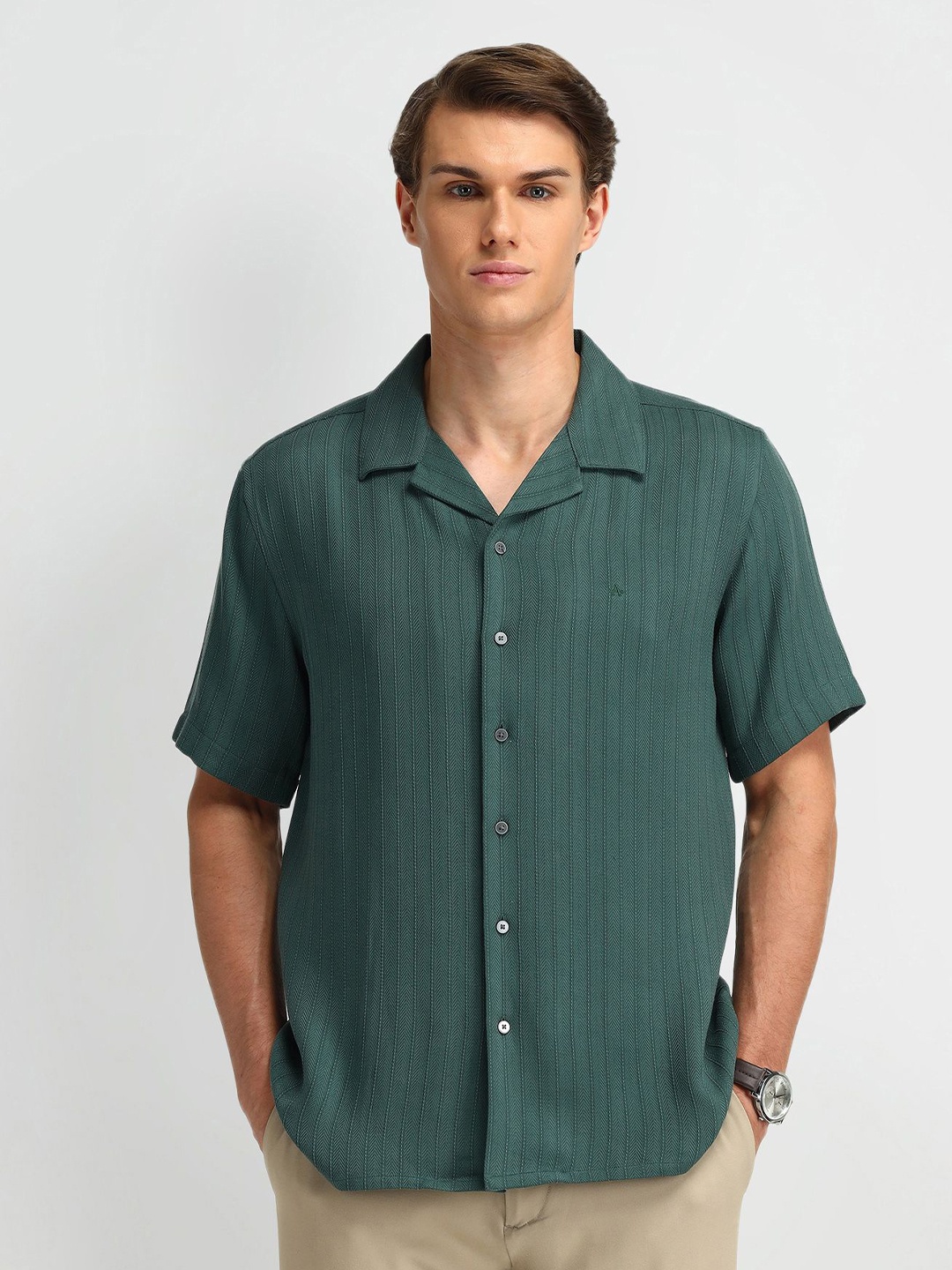 

Arrow New York Men Manhattan Cuban Collar Textured Slim Fit Casual Shirt, Green