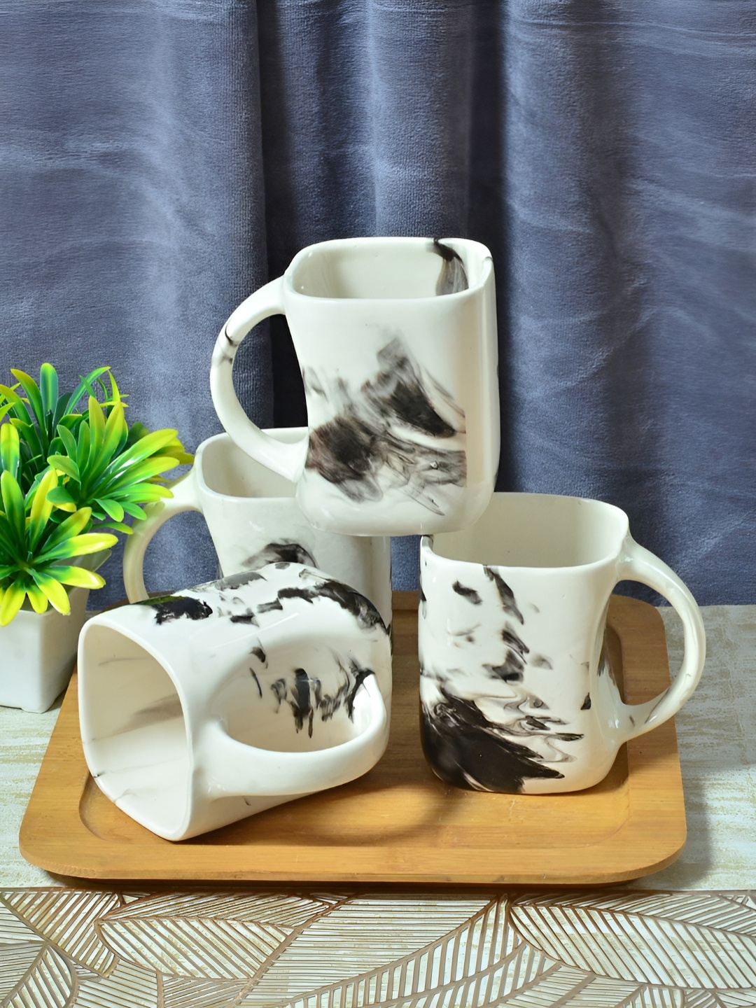 

FABINALIV White & Black Abstract Printed Ceramic Glossy Mugs 310 ml each