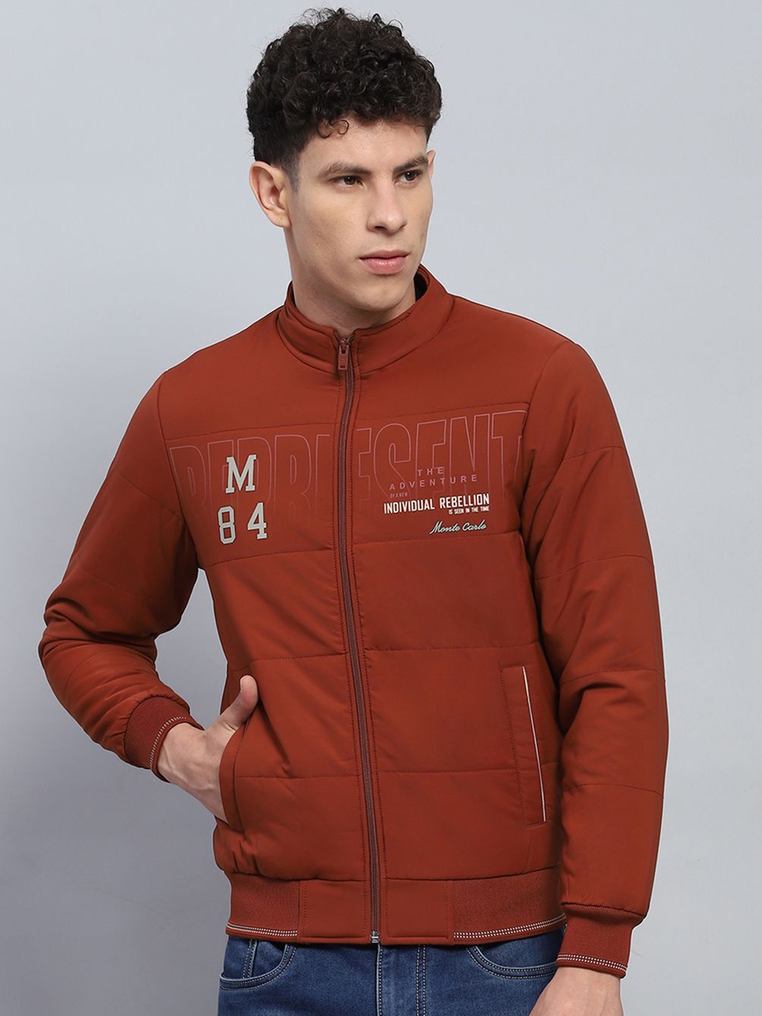 

Monte Carlo Men Mock Collar Typography Printed Casual Bomber Jacket, Rust