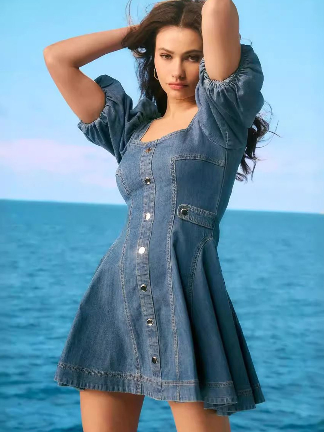 

StyleCast Bishop Sleeve Denim A-Line Dress, Blue