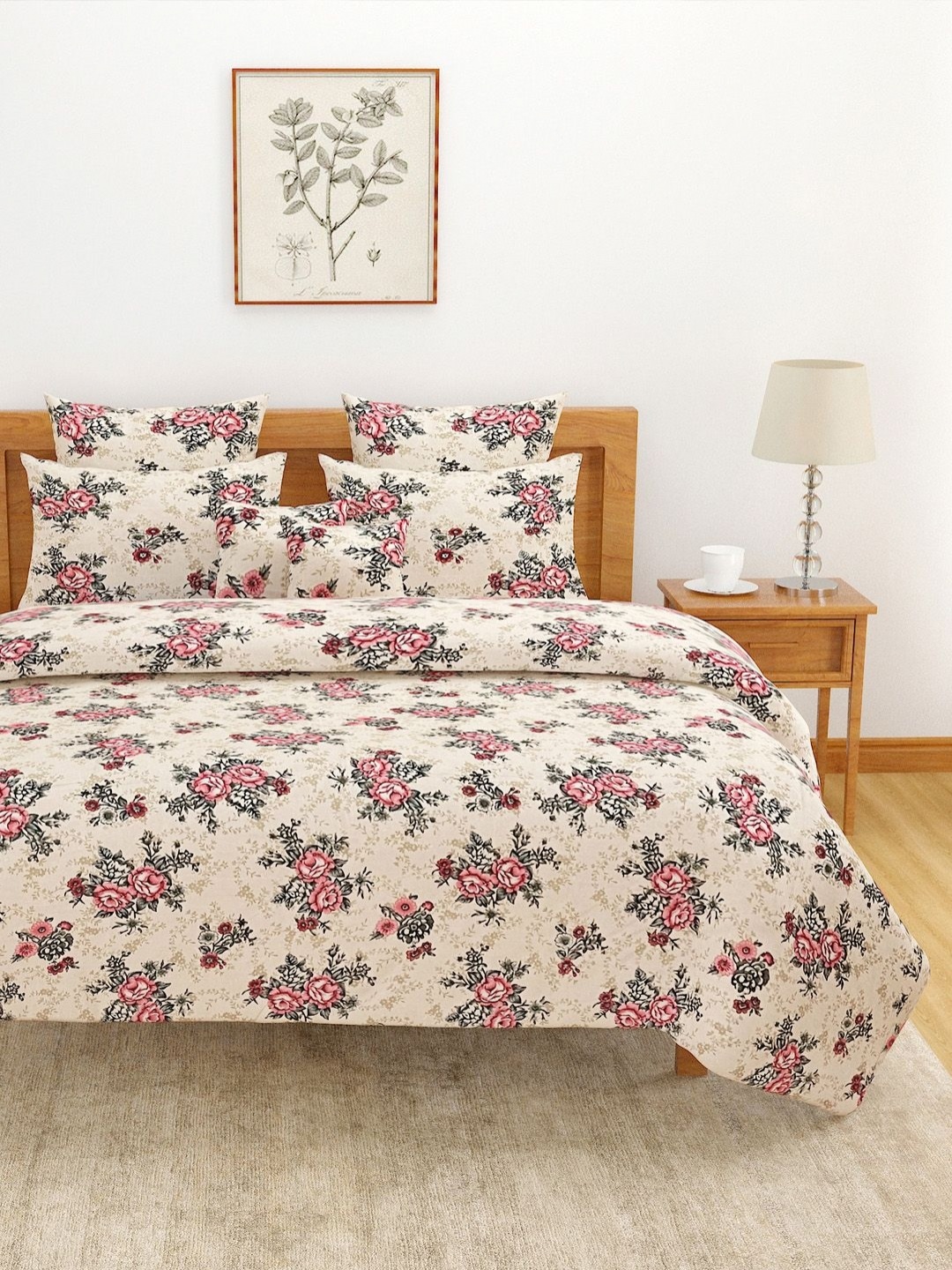 

SWAYAM Cream-Coloured & Pink Floral Printed 160 TC King Bedsheet Set 2.28 m x 2.54 m