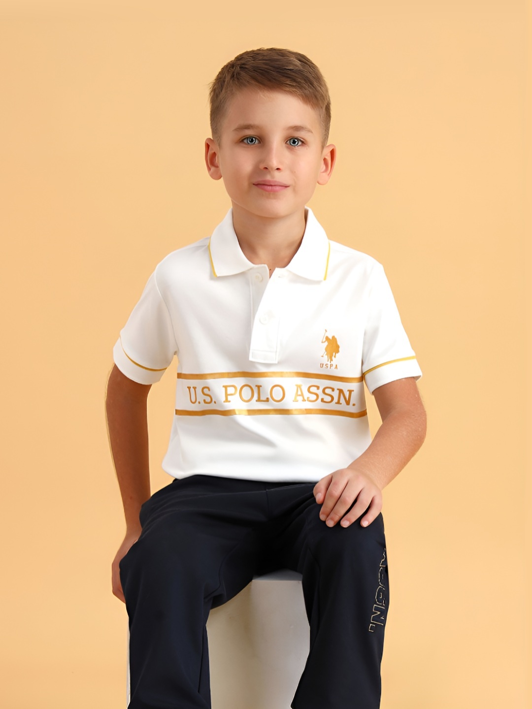 

U.S. Polo Assn. Kids Boys Typography Printed Polo Collar Cotton T-shirt, White