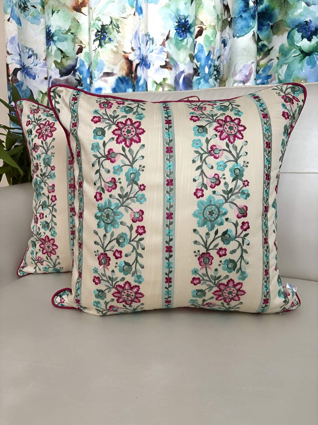 

TARA- Sparkling Homes Beige & Pink Set of 2 Embroidered Square Cushion Covers