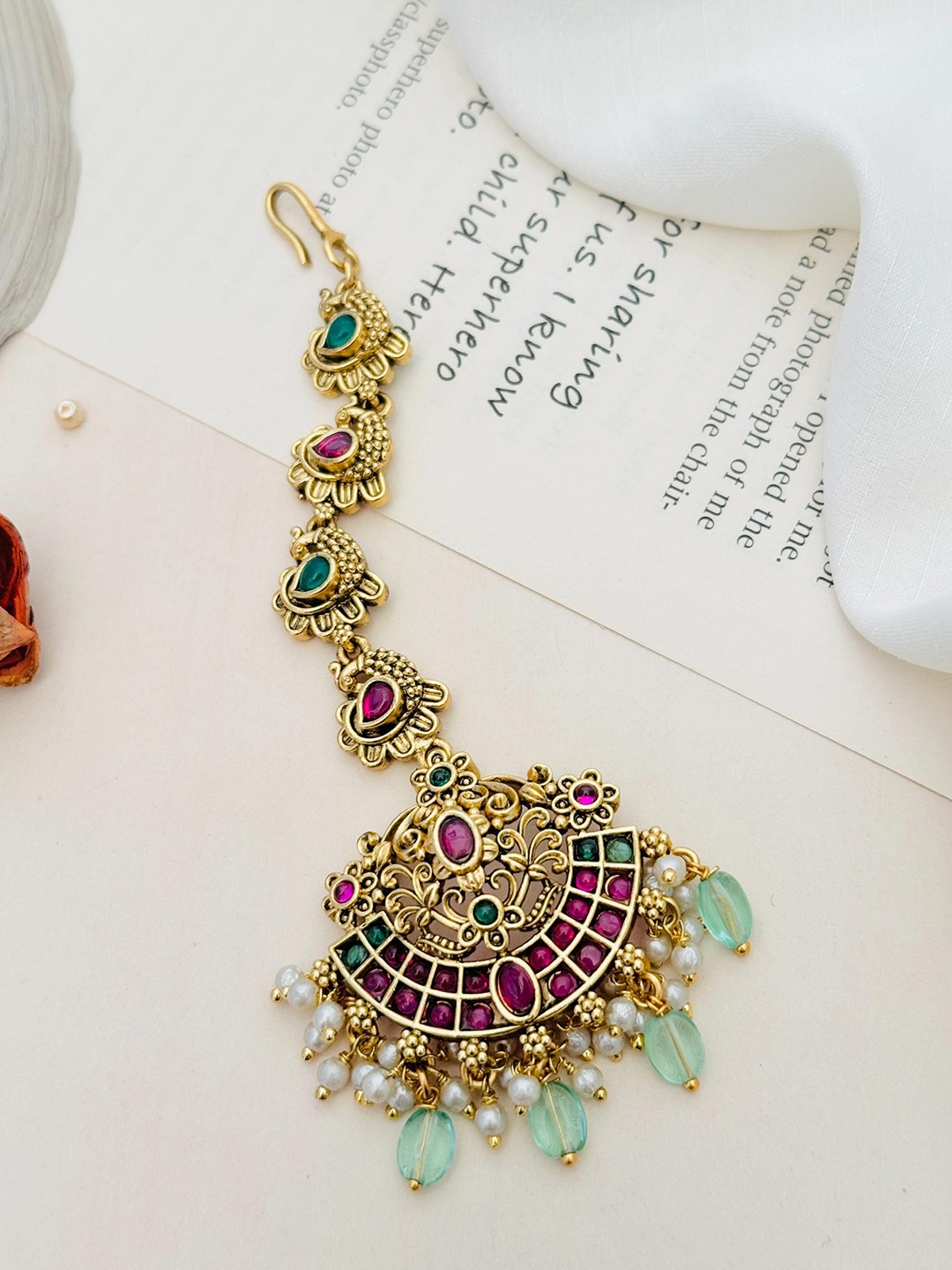 

ABDESIGNS Gold-Plated Stone Studded and Beaded Temple Maang Tikka
