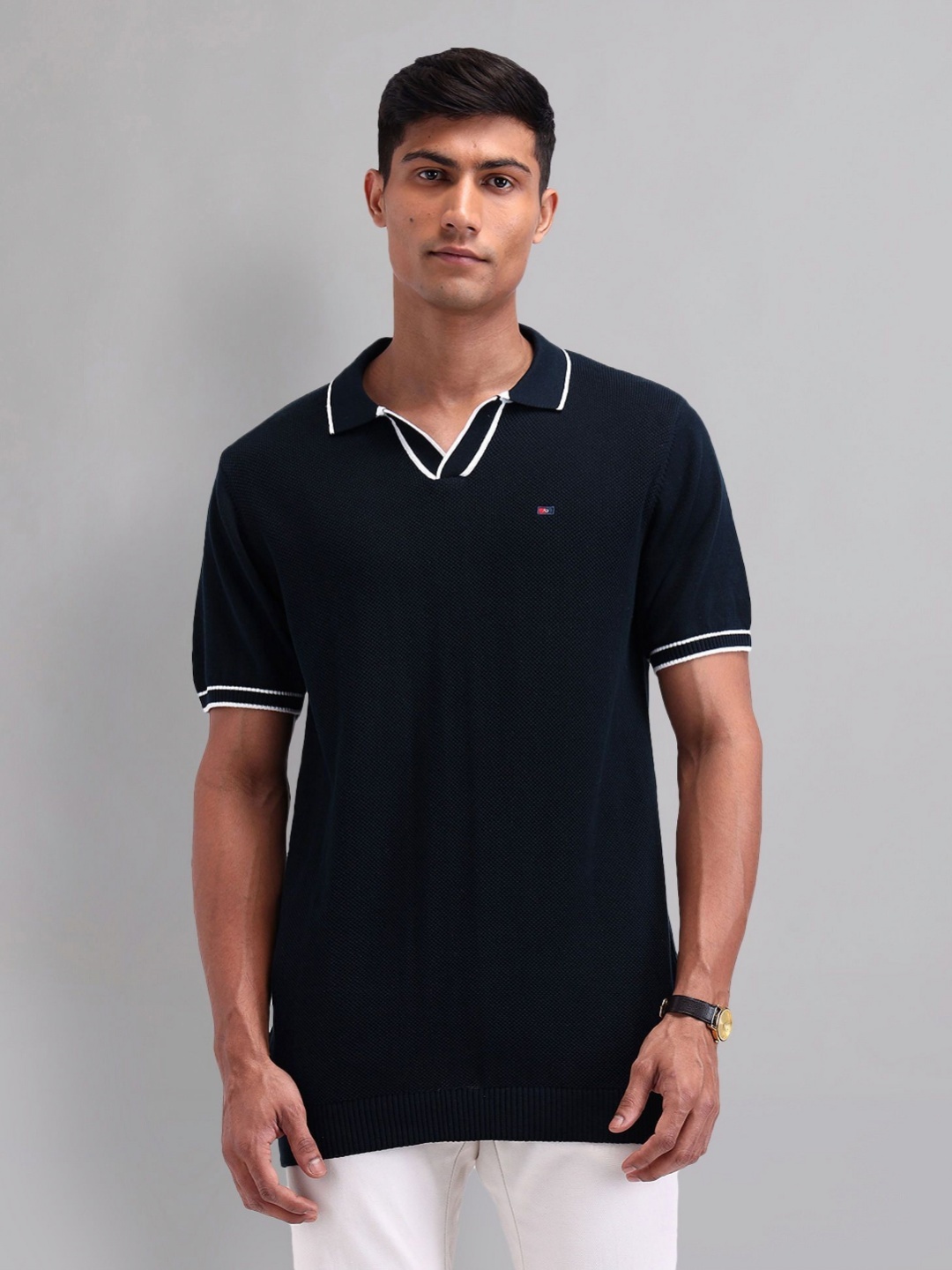 

AD By Arvind Men Solid Polo Collar Cotton Slim Fit T-shirt, Navy blue