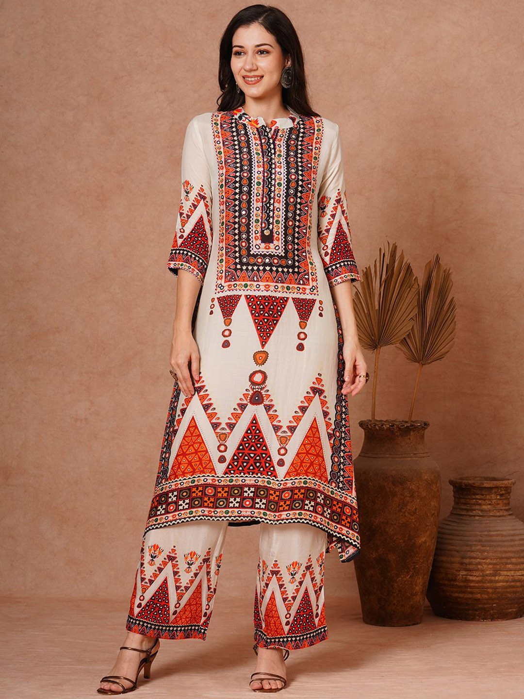 

FASHOR Floral Printed Mandarin Collar Top & Palazoos Co-Ords, Cream