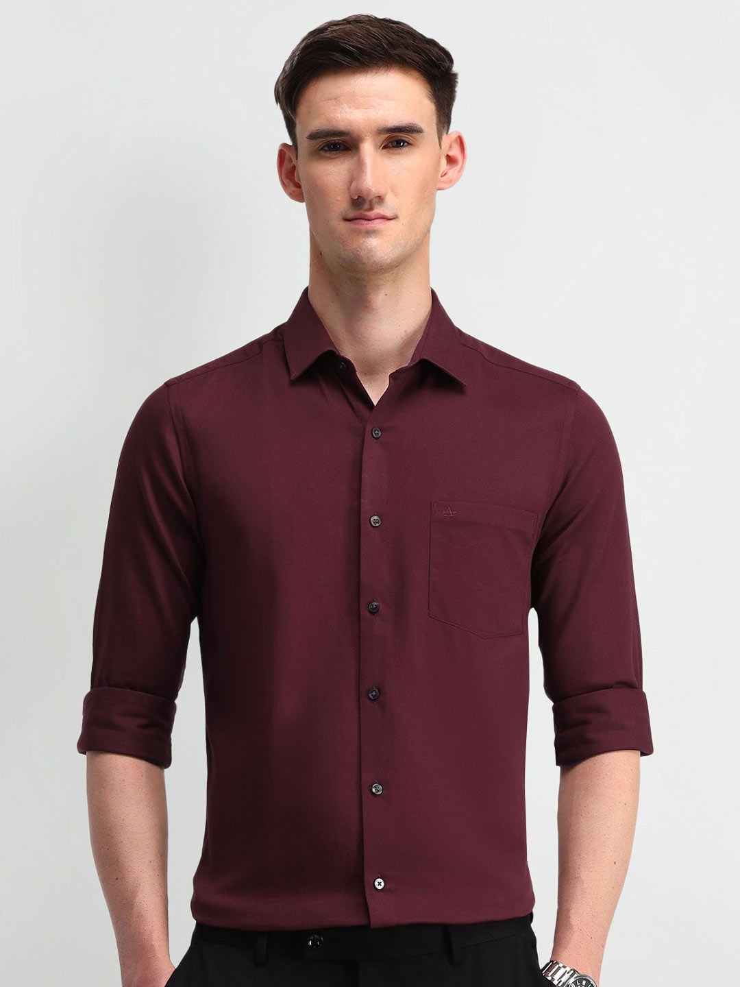 

Arrow Men Manhattan Spread Collar Solid Cotton Slim Fit Formal Shirt, Maroon