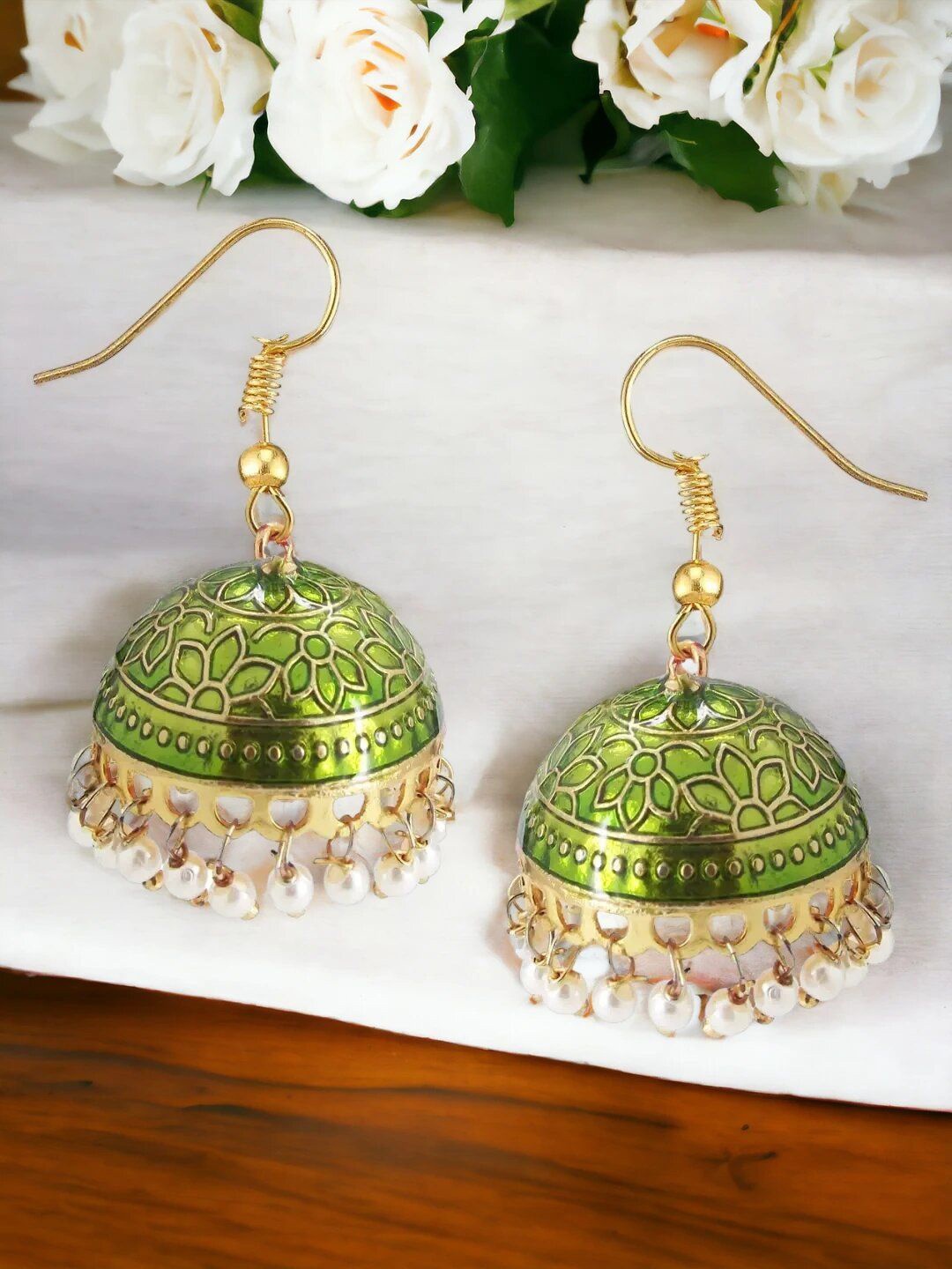 

9blings Gold Plated Beaded Dome Shaped Meenakari Jhumkas, Green