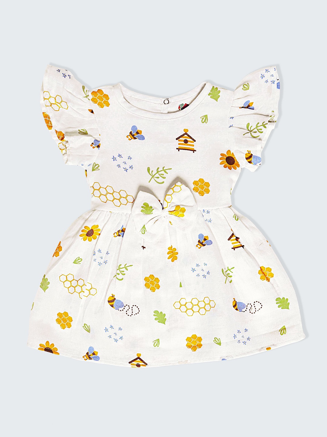 

FEBVIBE Girls Printed Cap Sleeves Organic Cotton Fit & Flare Dress, White