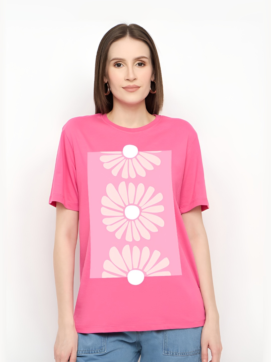 

Mast & Harbour Women Floral Printed Round Neck Pure Cotton T-shirt, Pink