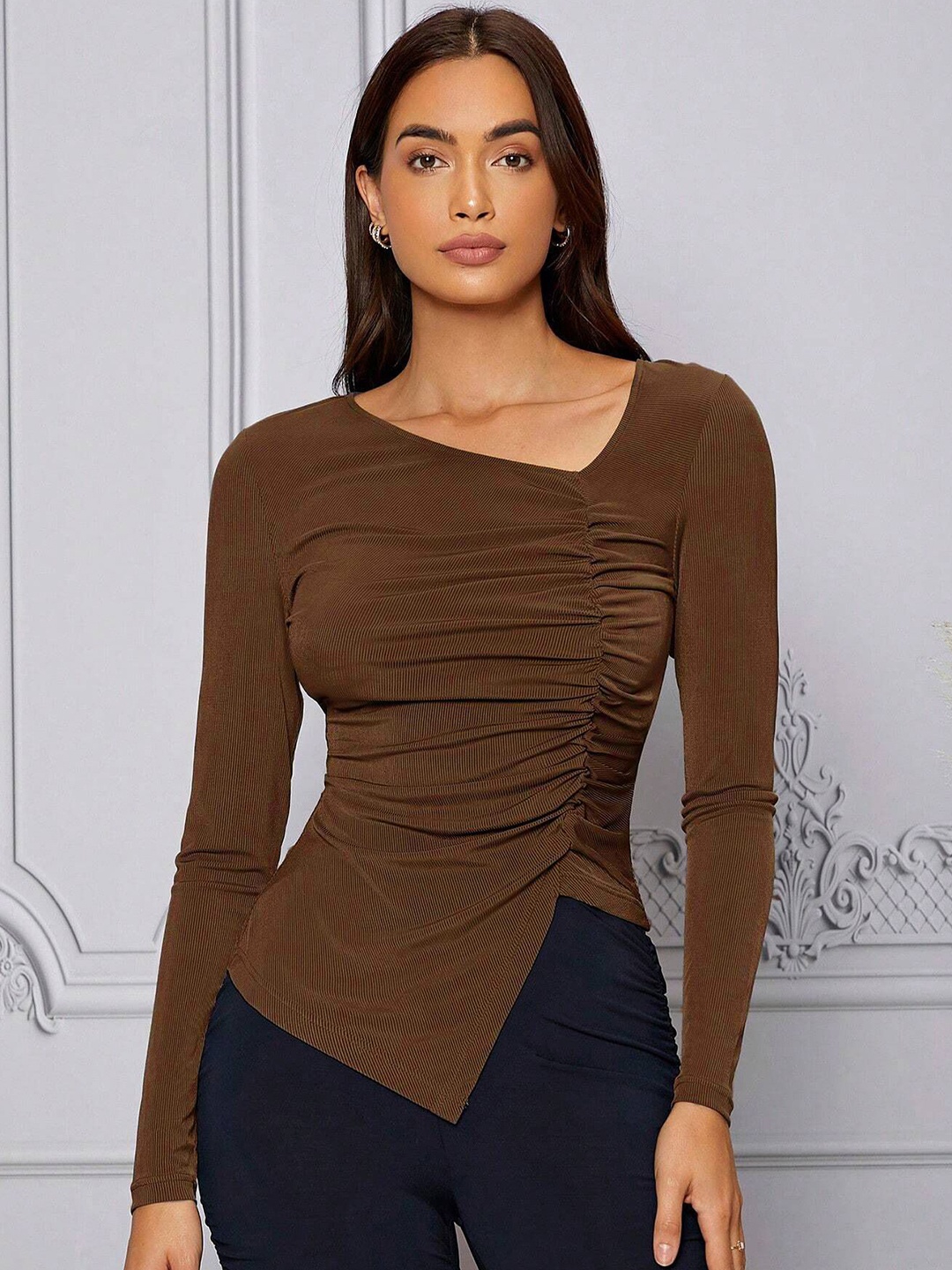 

HERE&NOW Women Solid Top With Gathered Details, Brown