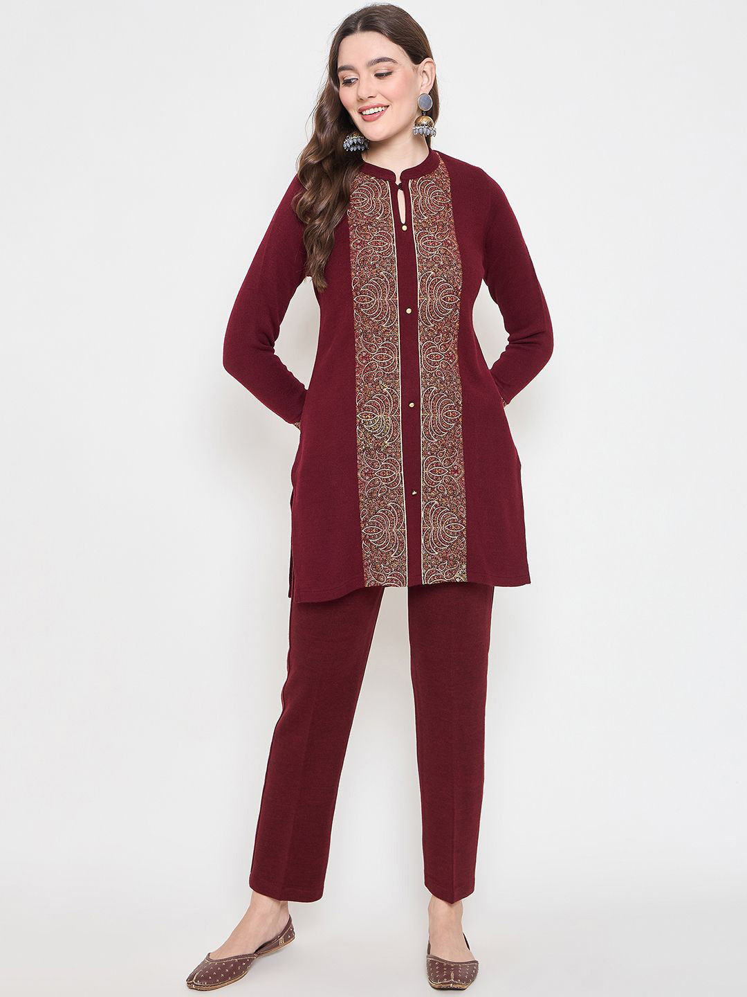 

Knitstudio Ethnic Motifs Woven Design Pure Wool Kurti With Trousers, Maroon
