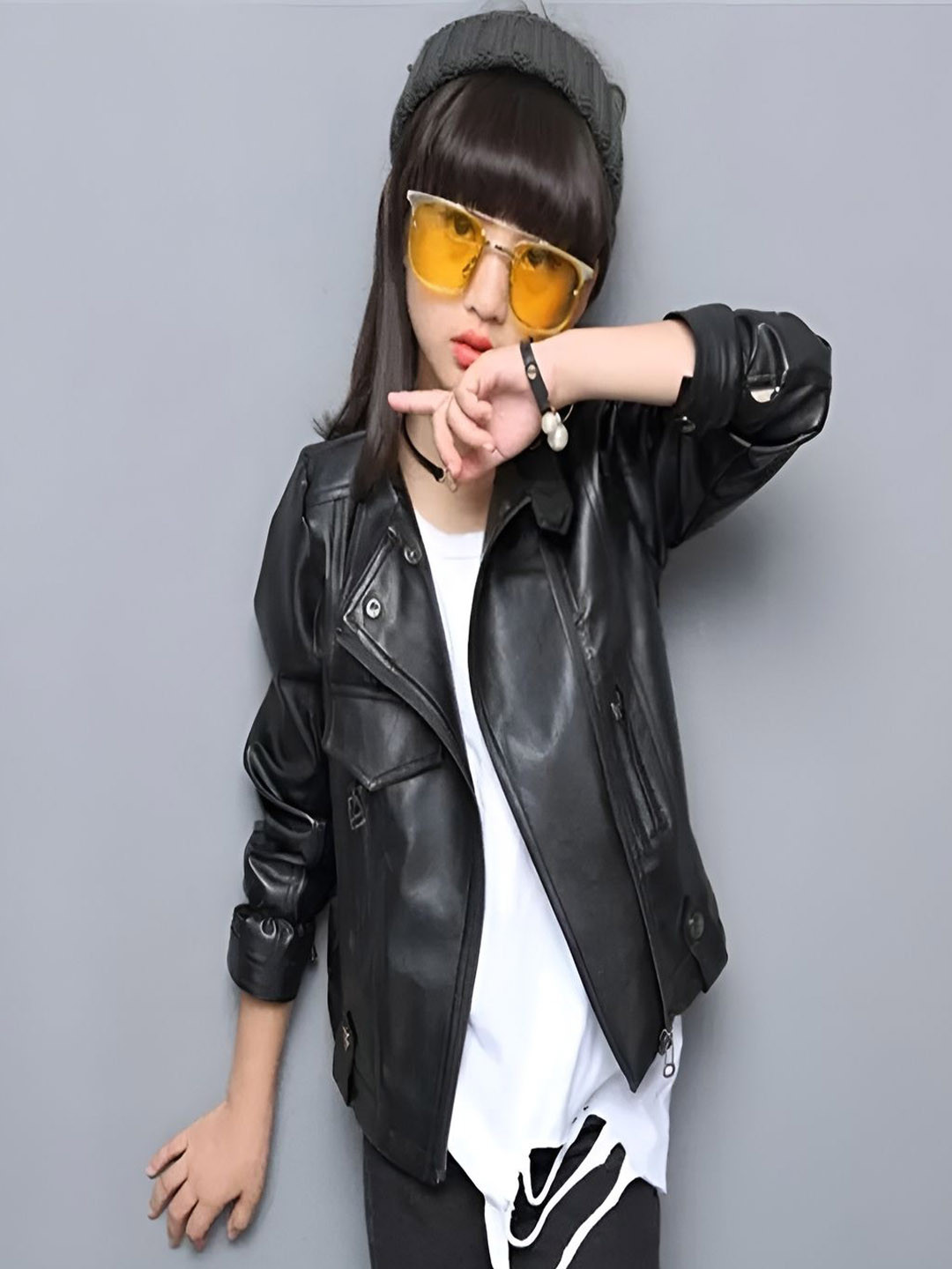 

BAESD Unisex Kids Lapel Collar Solid Casual Leather Jacket, Black