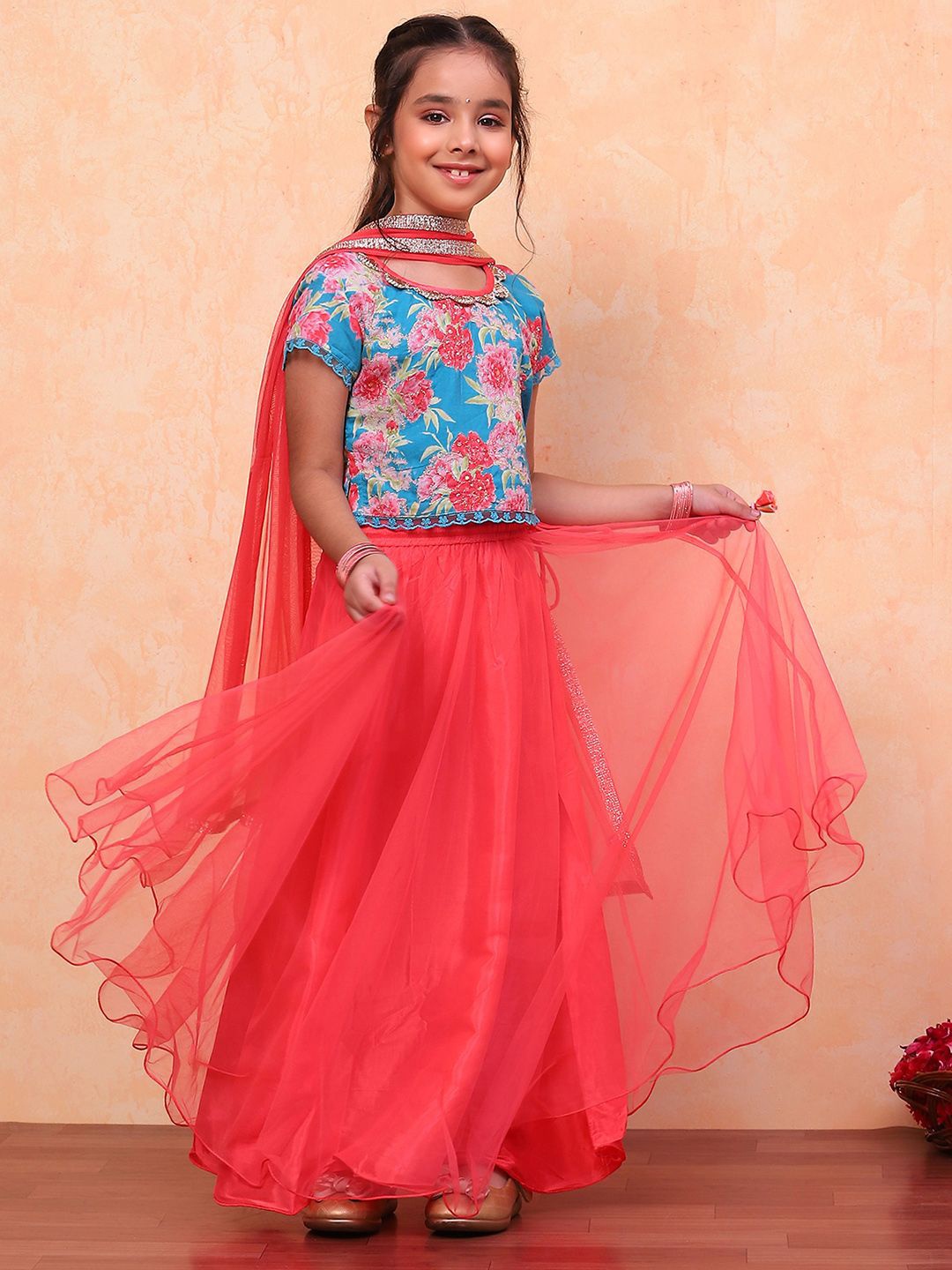 

Biba Girls Floral Printed Sequinned Net Ready to Wear Lehenga & Blouse With Dupatta, Blue