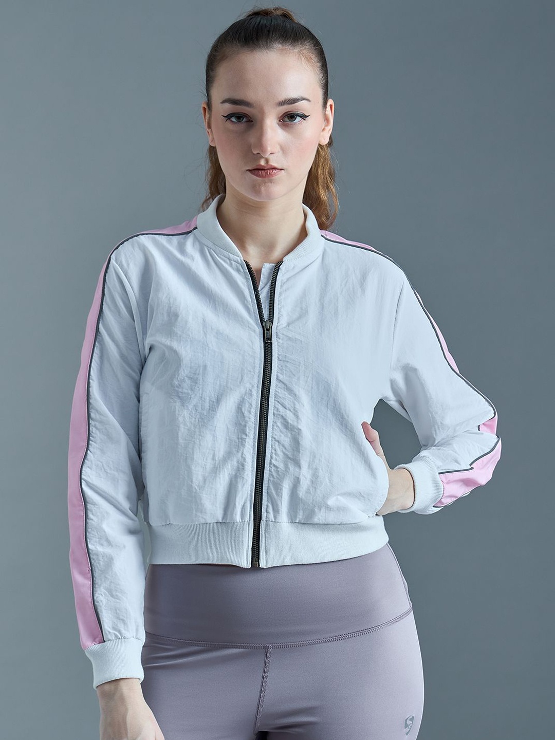 

SG Women Stand Collar Solid Sports Bomber Jacket, White