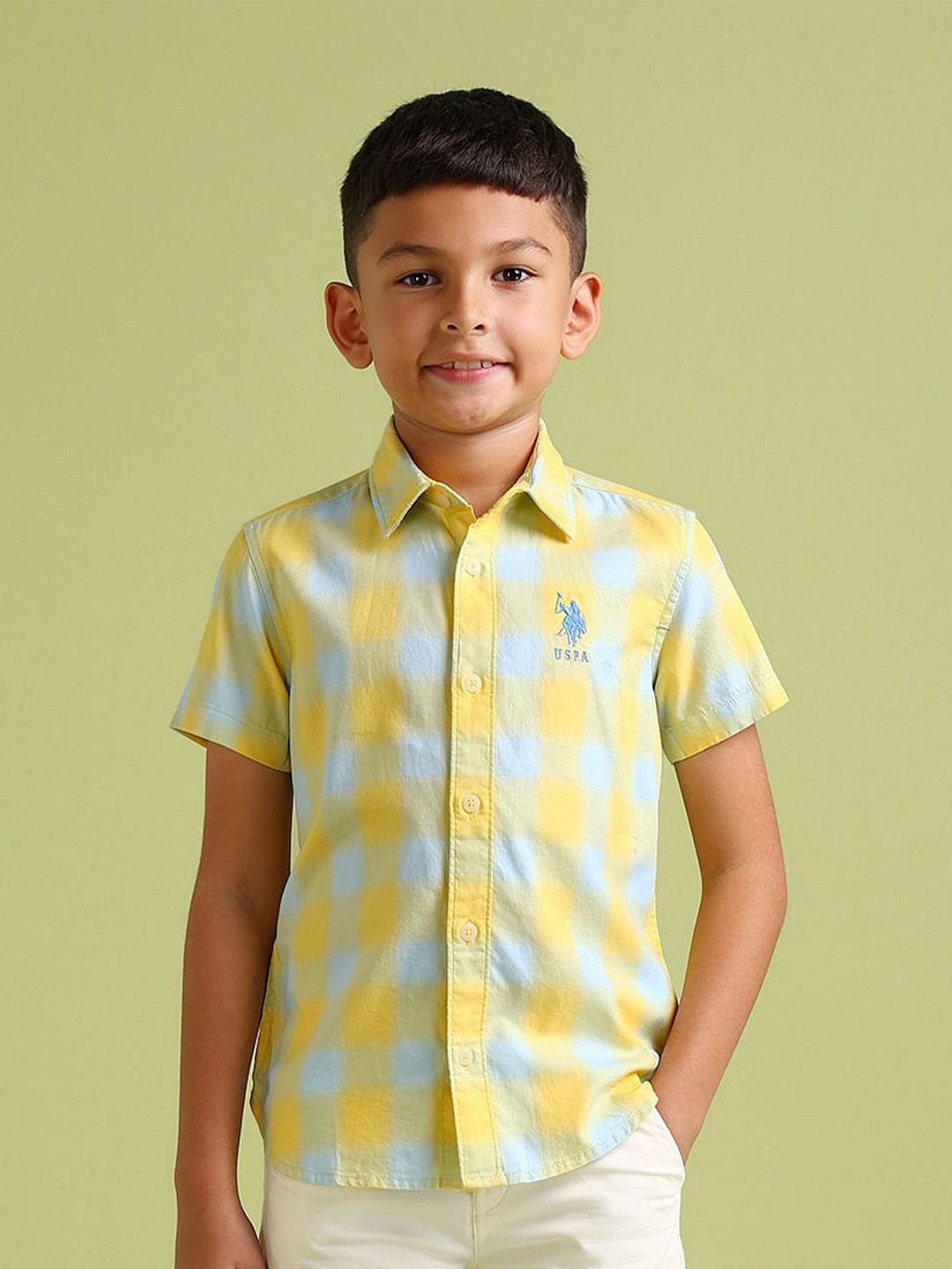 

U.S. Polo Assn. Kids Boys Classic Spread Collar Checked Cotton Casual Shirt, Yellow