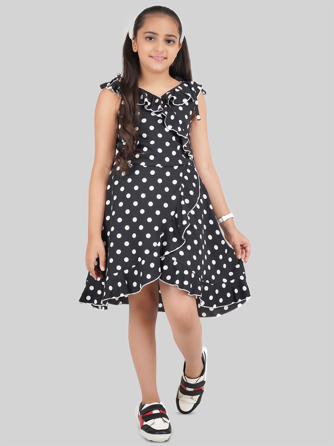 

BEING NAUGHTY Girls Polka Dot Print Ruffles Fit & Flare Dress, Black