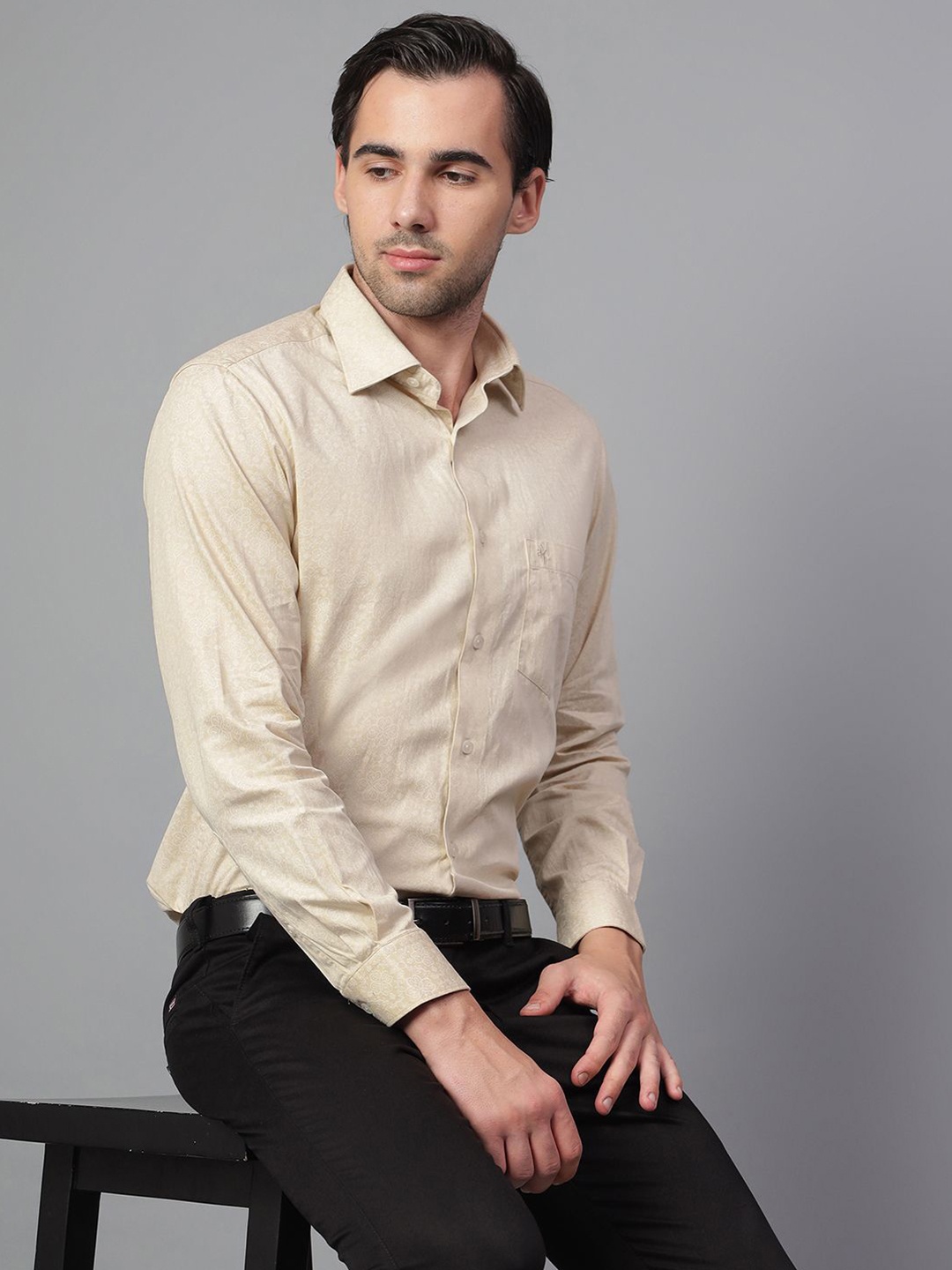 

Cantabil Men Spread Collar Floral Printed Cotton Party Shirt, Cream