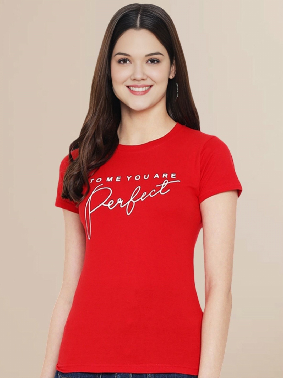 

Metronaut Women Typography Printed Round Neck Cotton T-shirt, Red