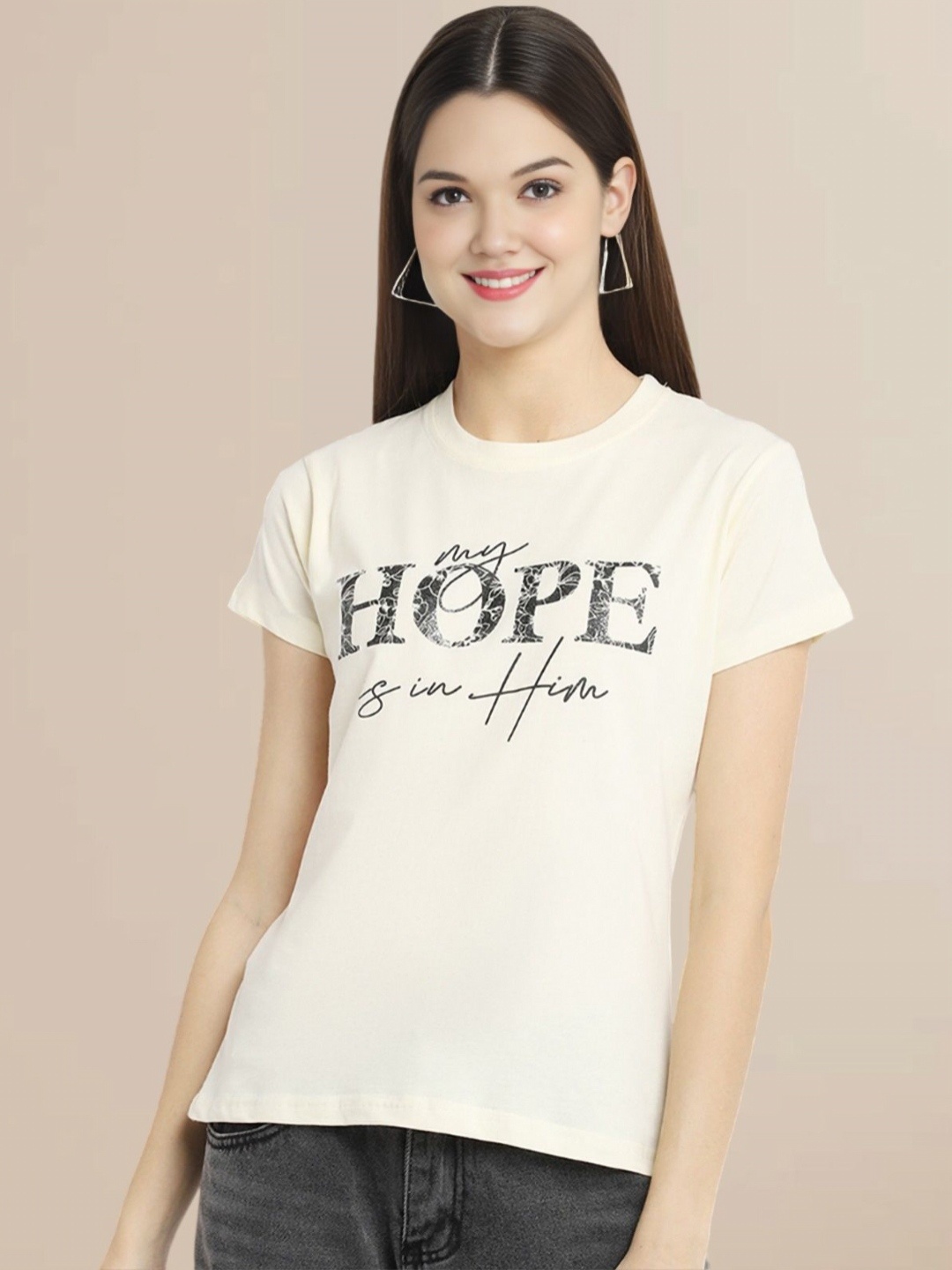

Metronaut Women Typography Printed Round Neck Cotton T-shirt, Off white