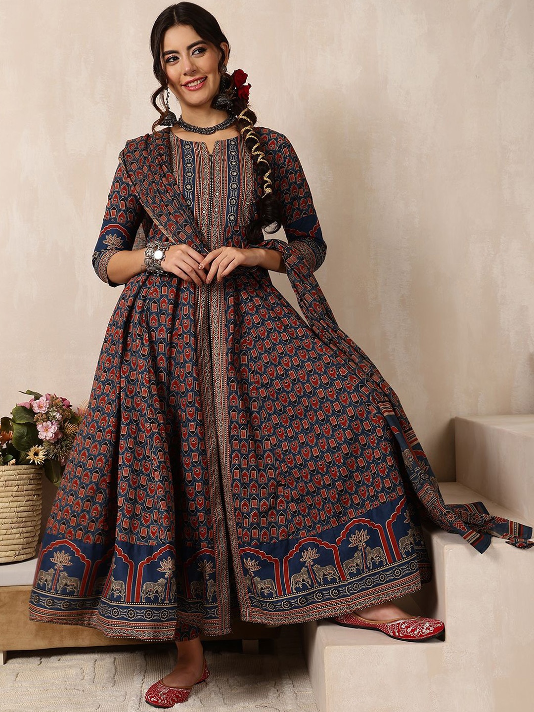 

GULMOHAR JAIPUR Floral Printed Mirror Work Pure Cotton Anarkali Kurta & Palazzo & Dupatta, Blue
