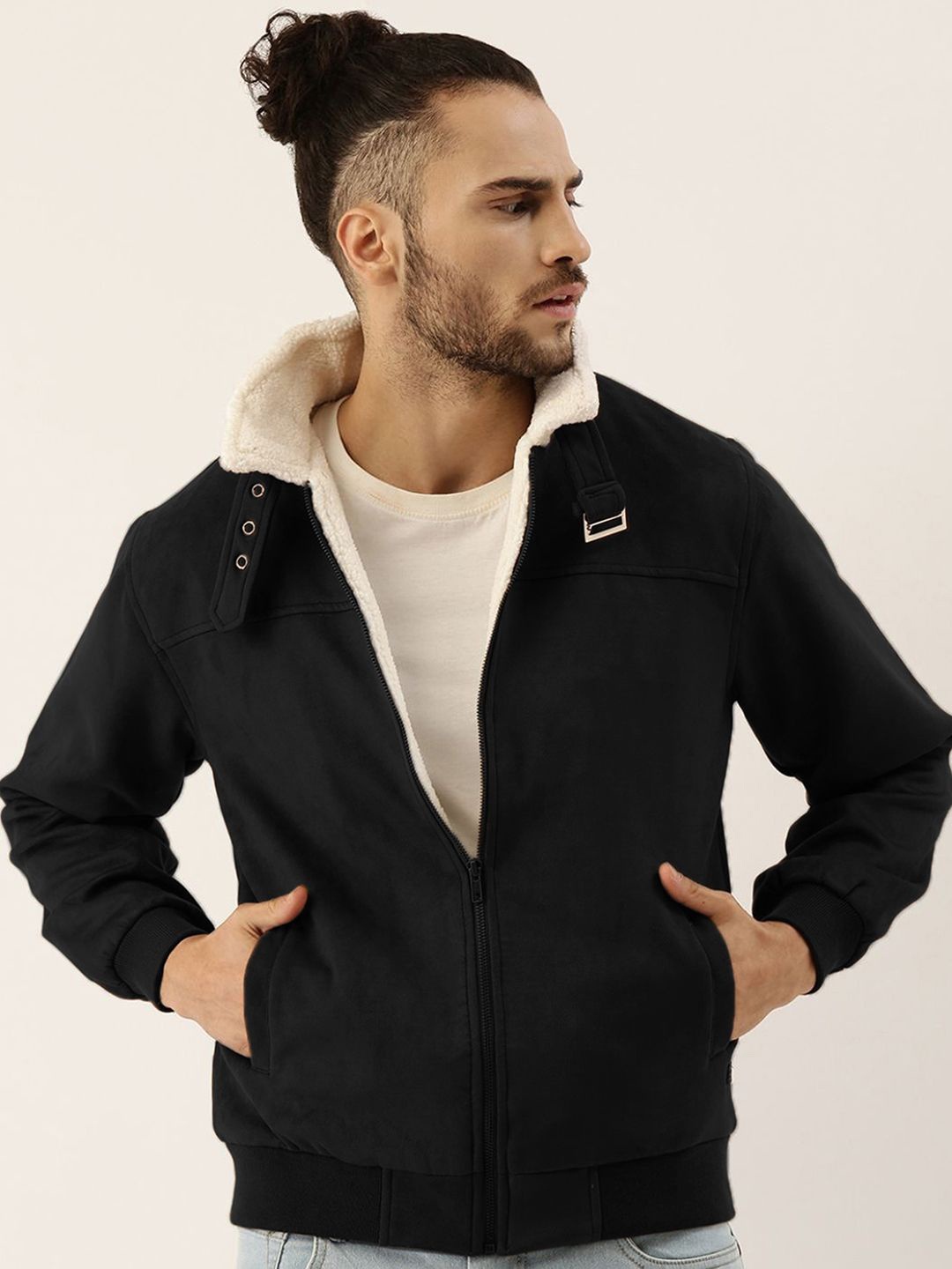 

Campus Sutra Men Mock Collar Solid Casual Bomber Jacket, Black