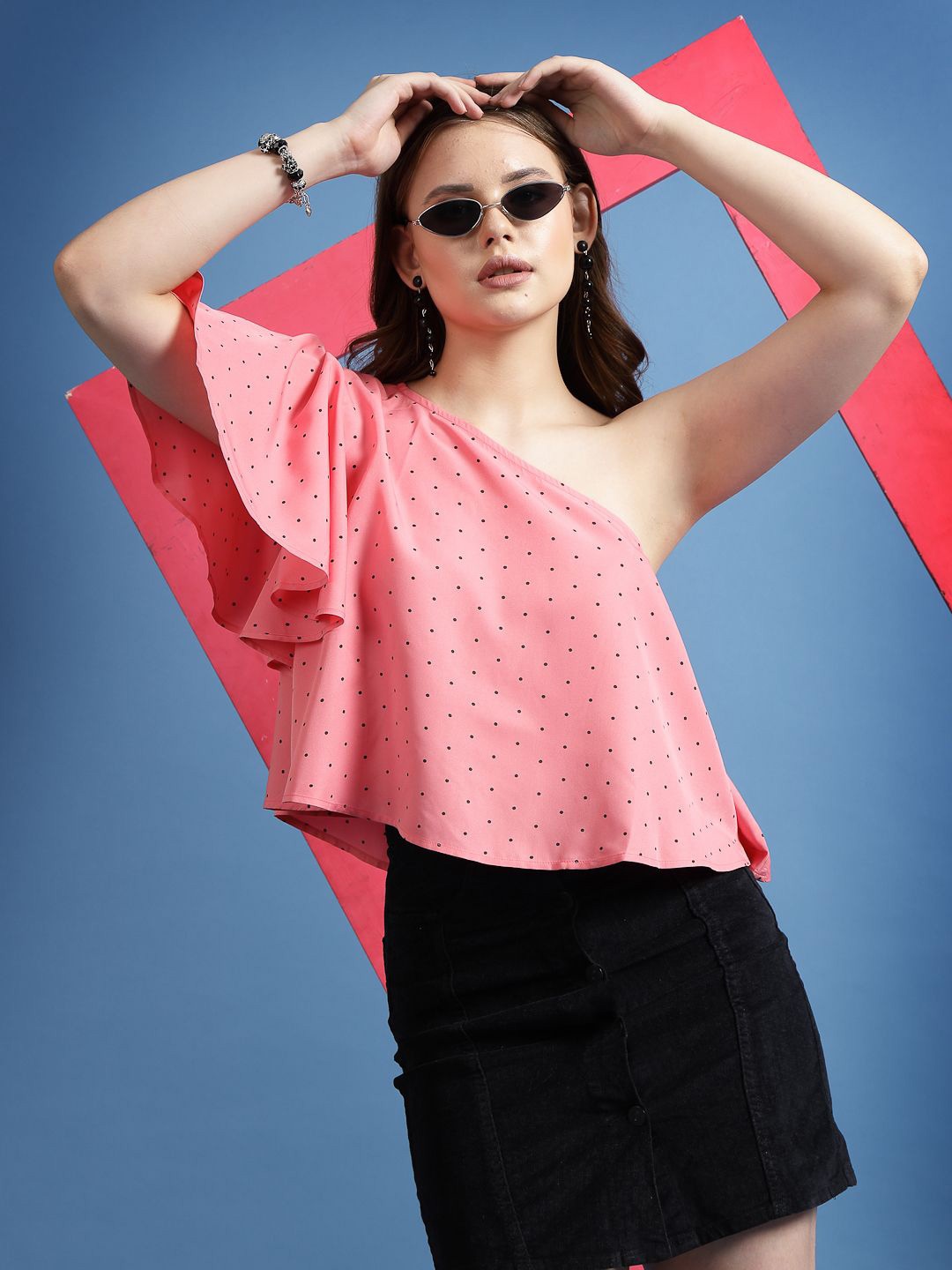 

BEING NAUGHTY Women Polka Dot Print Blouson Crop Top, Pink